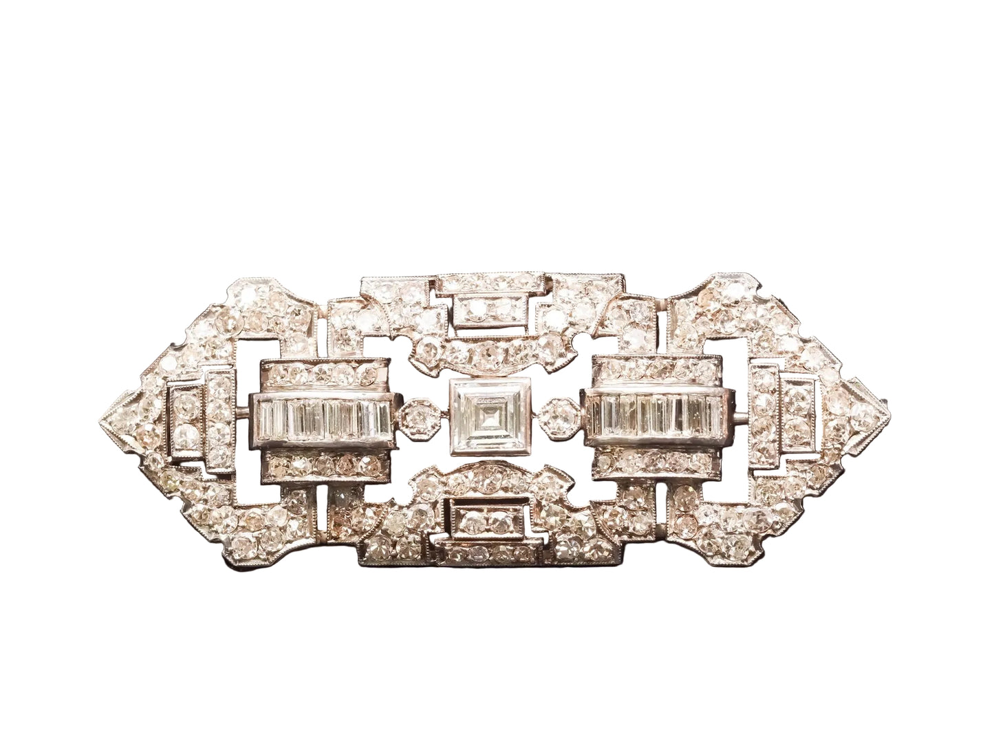 Estate Art Deco Platinum Carre Cut Diamond and Old Cut Diamond Brooch - VHK#882a