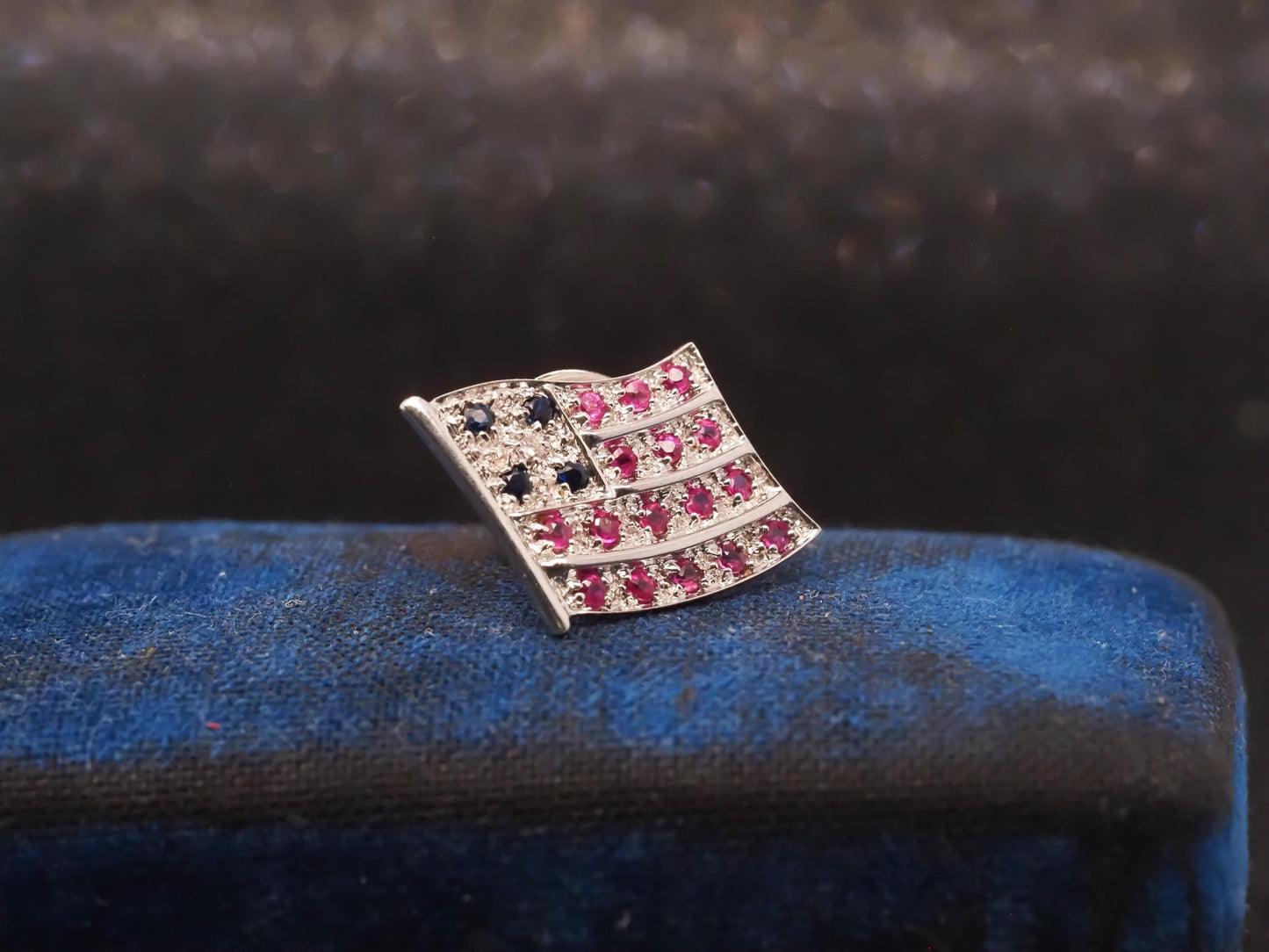 Retro 18K Ruby, Sapphire and Diamond White Gold American Flag Pin - VHK#4