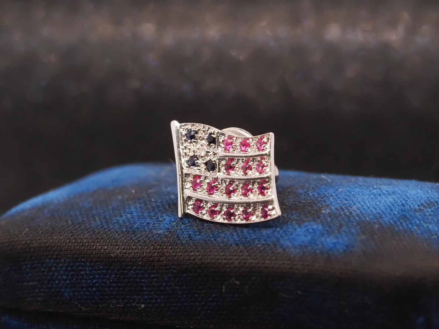 Retro 18K Ruby, Sapphire and Diamond White Gold American Flag Pin - VHK#4