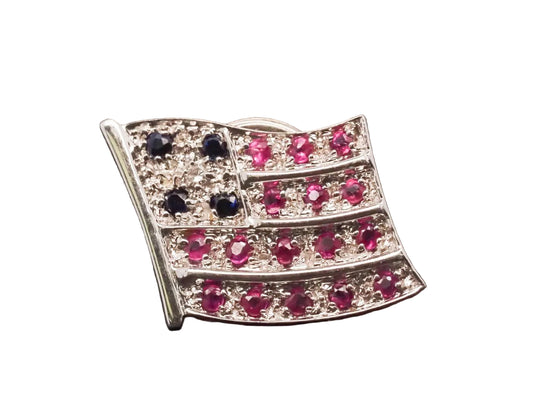 Retro 18K Ruby, Sapphire and Diamond White Gold American Flag Pin - VHK#4