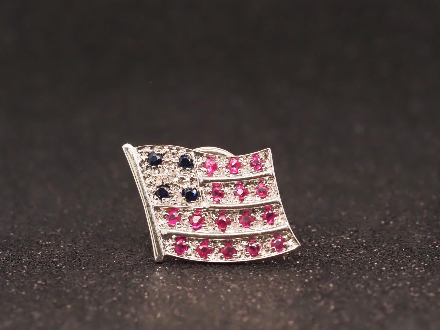 Retro 18K Ruby, Sapphire and Diamond White Gold American Flag Pin - VHK#4
