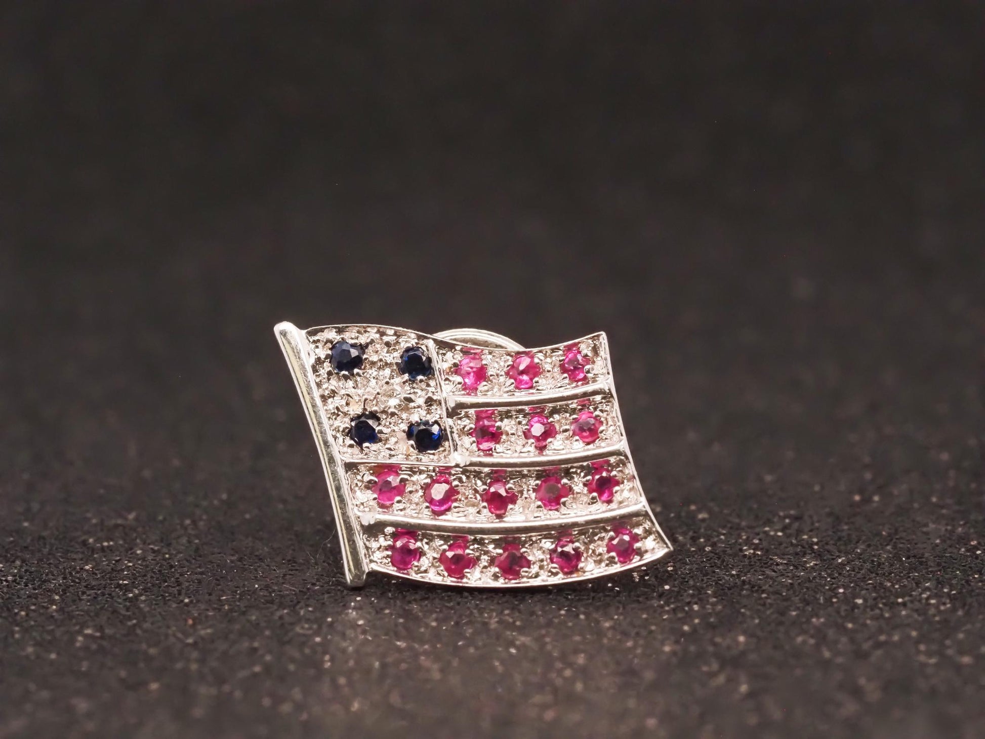 Retro 18K Ruby, Sapphire and Diamond White Gold American Flag Pin - VHK#4