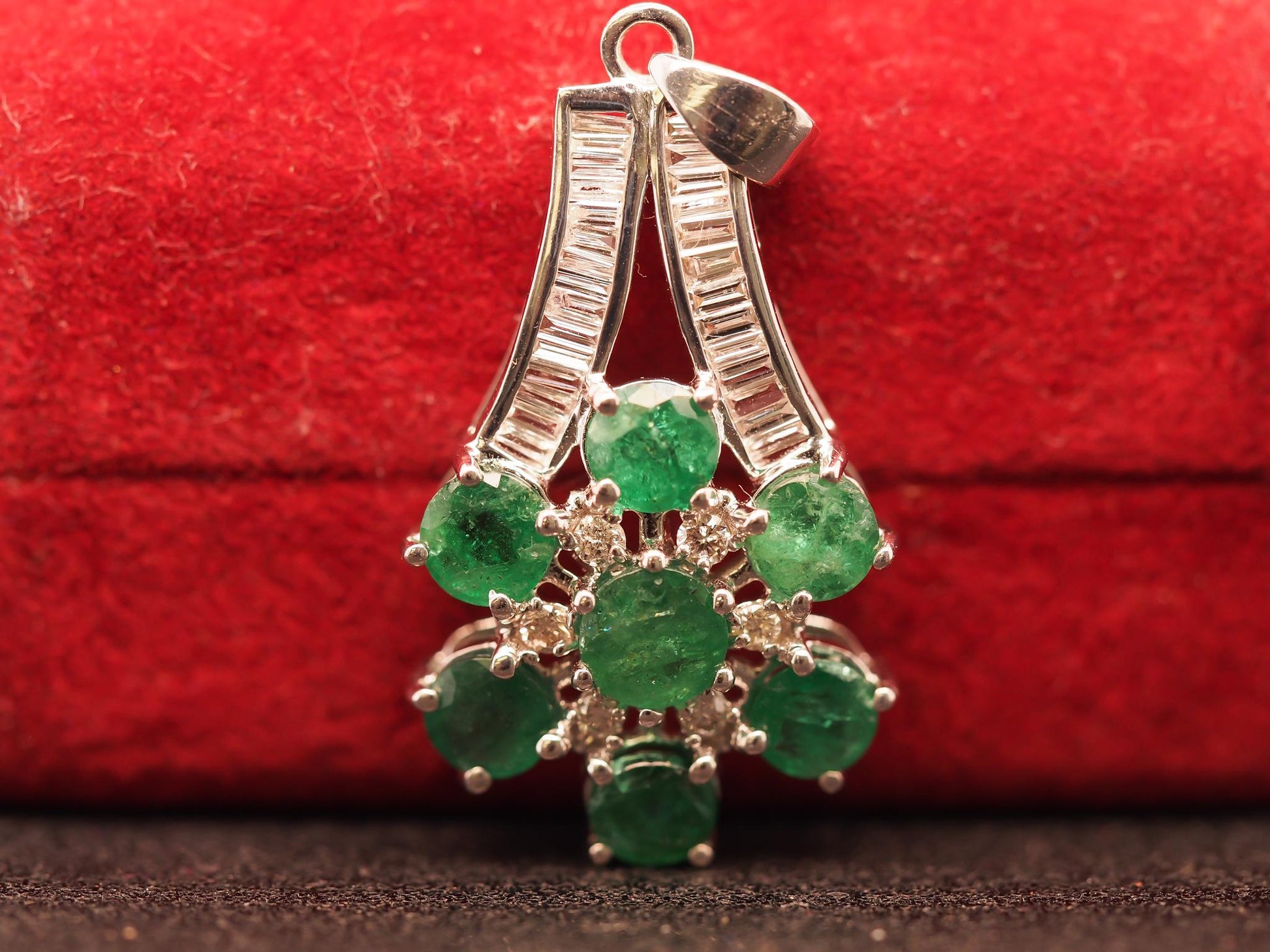 Estate 18K White Gold Emerald and Diamond Pendant - VHK#298b
