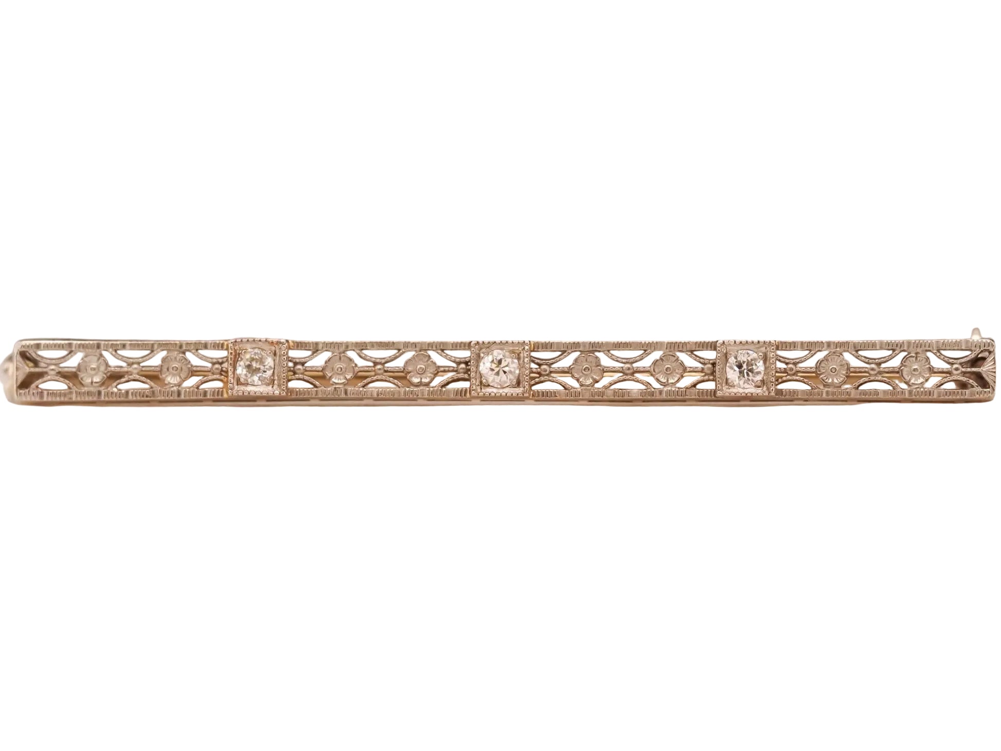 14K Gold Art Deco Diamond Bar Brooch Pin with Filigree - VHK#663
