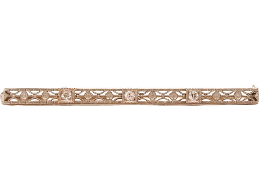 14K Gold Art Deco Diamond Bar Brooch Pin with Filigree - VHK#663