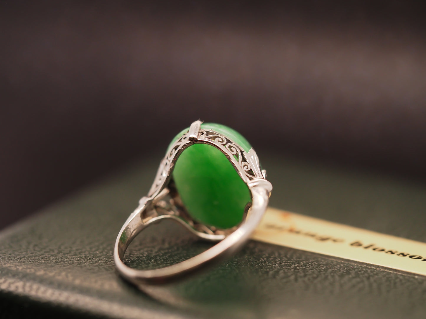 Platinum Vintage Jade Ring with ornate open work - VHK#329