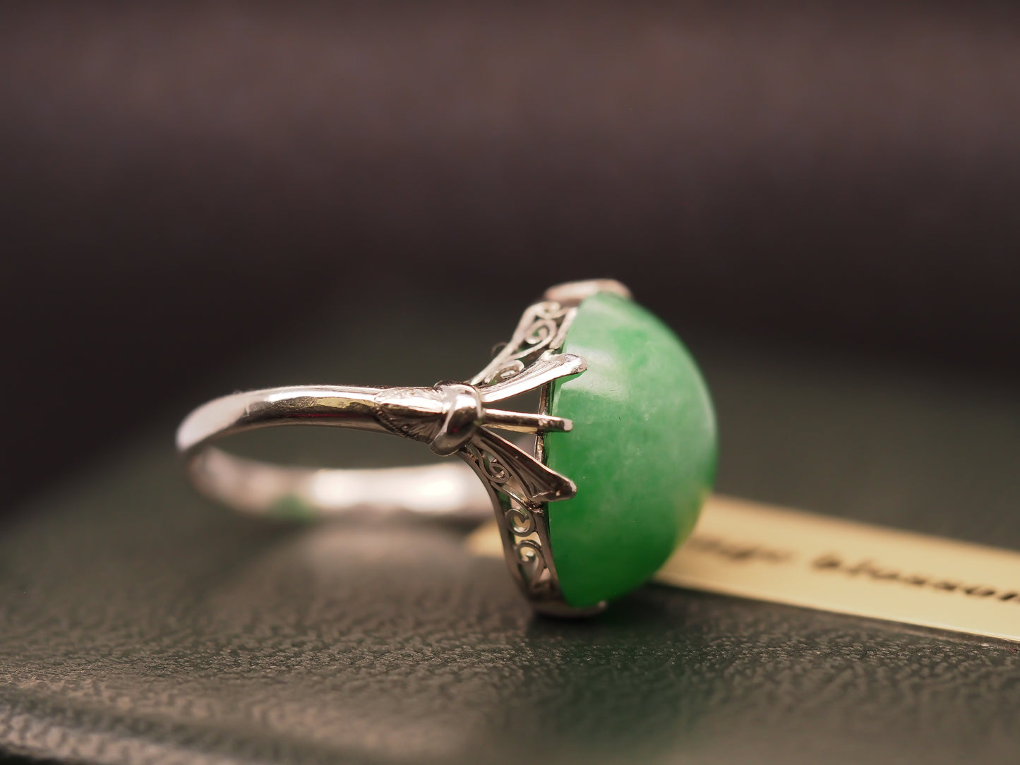 Platinum Vintage Jade Ring with ornate open work - VHK#329