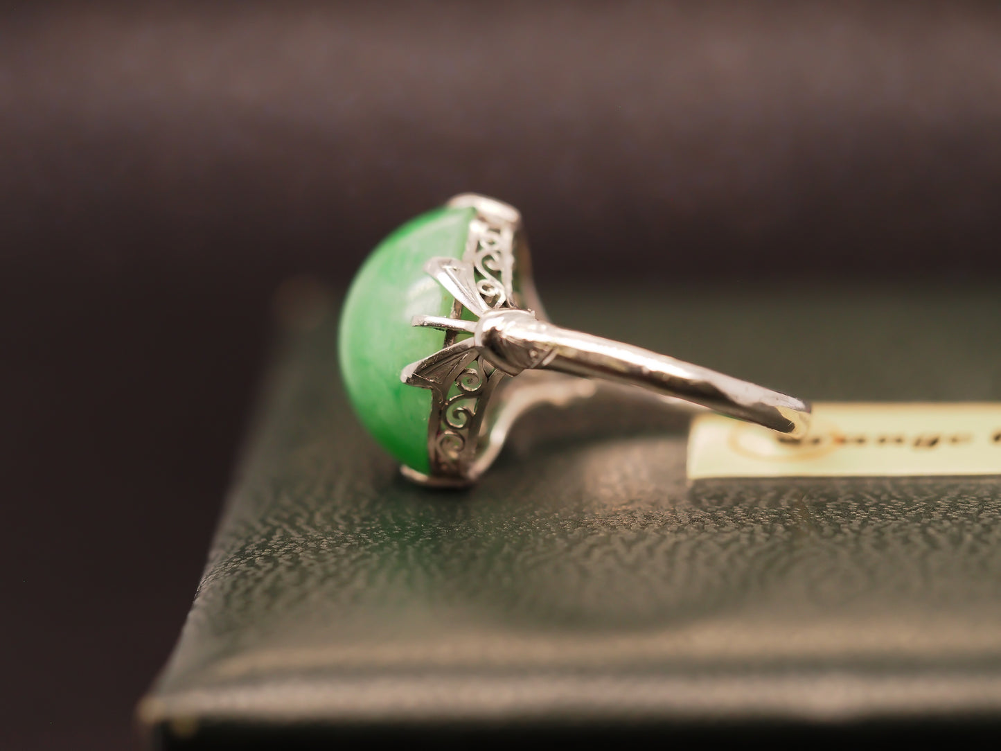 Platinum Vintage Jade Ring with ornate open work - VHK#329