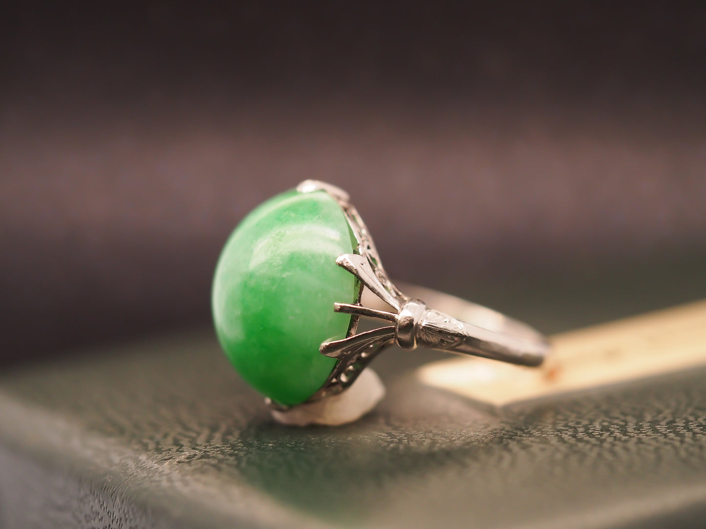 Platinum Vintage Jade Ring with ornate open work - VHK#329