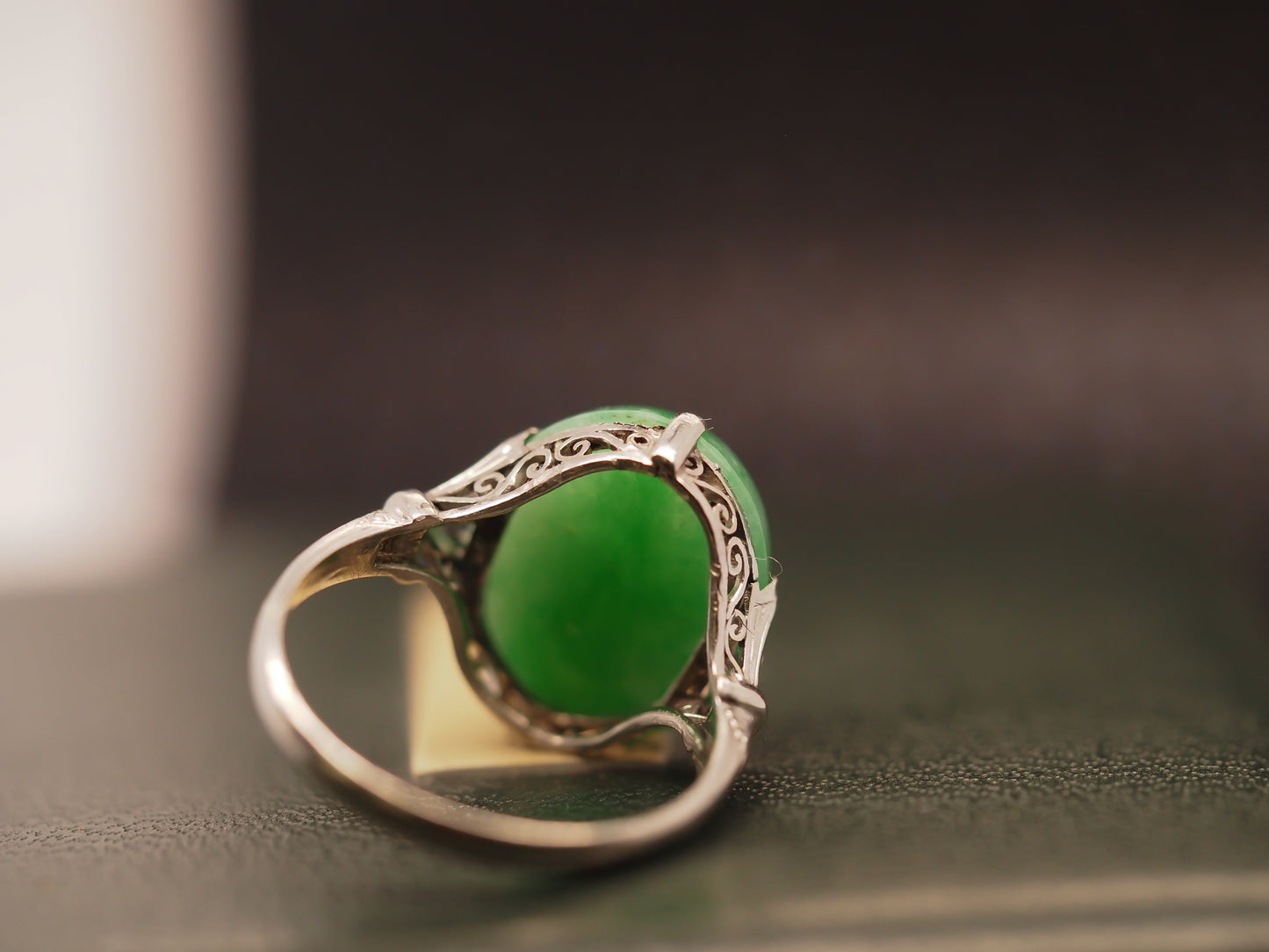 Platinum Vintage Jade Ring with ornate open work - VHK#329