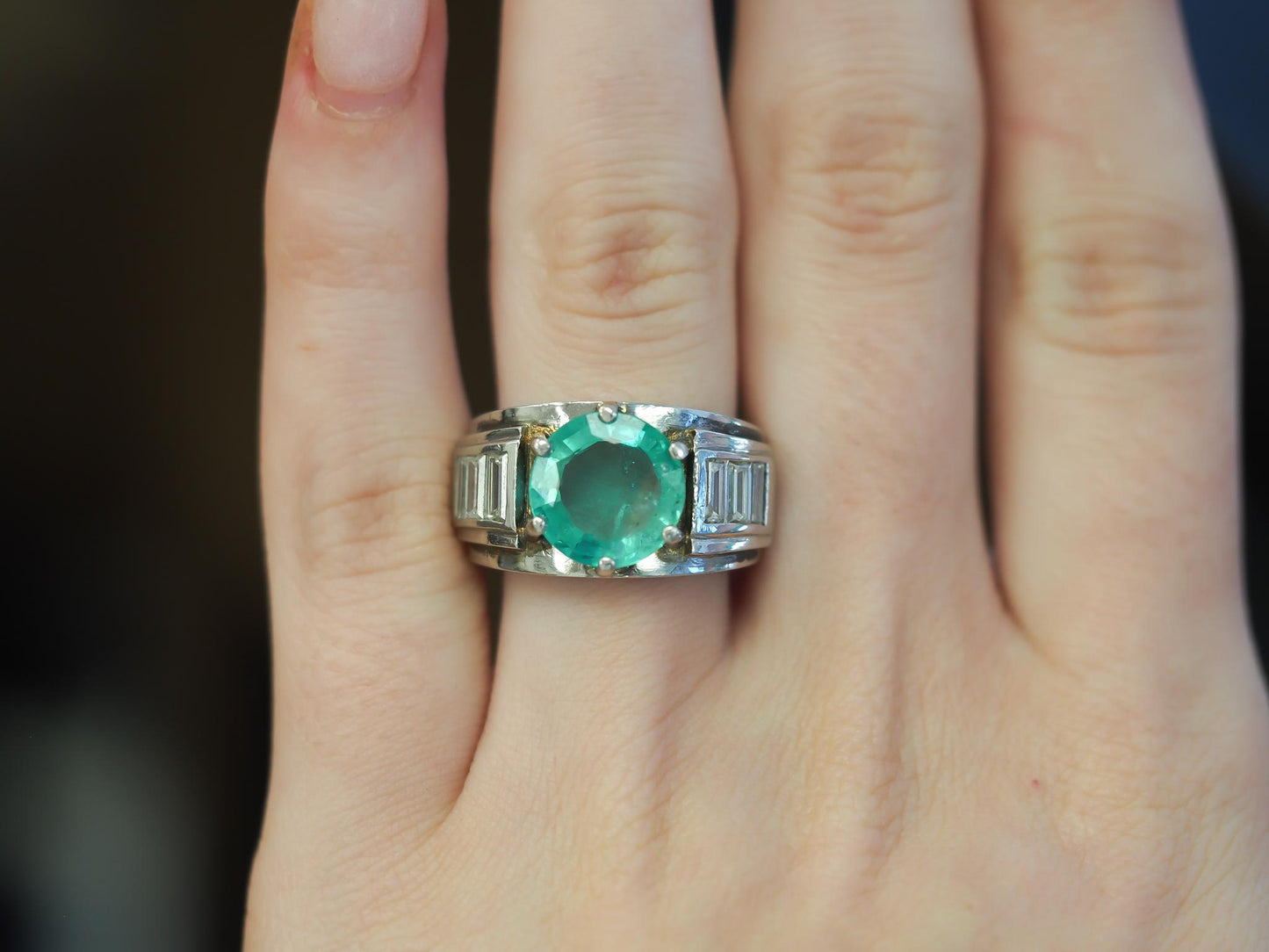 Estate 1960s Platinum Emerald and Diamond Ring - VHK#294a