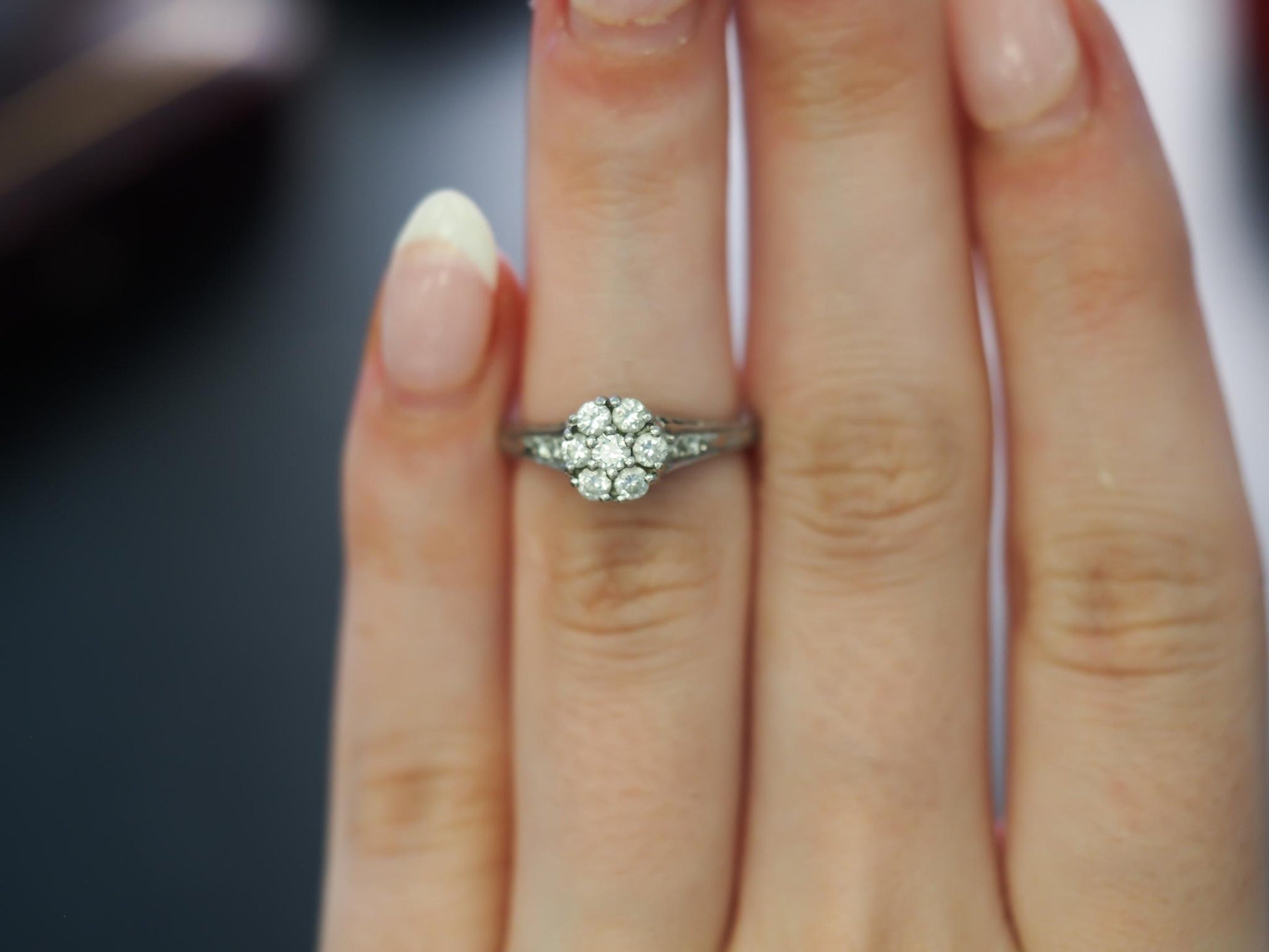 Estate Vintage Platinum Engraved Diamond Cluster Ring - VHK#451C