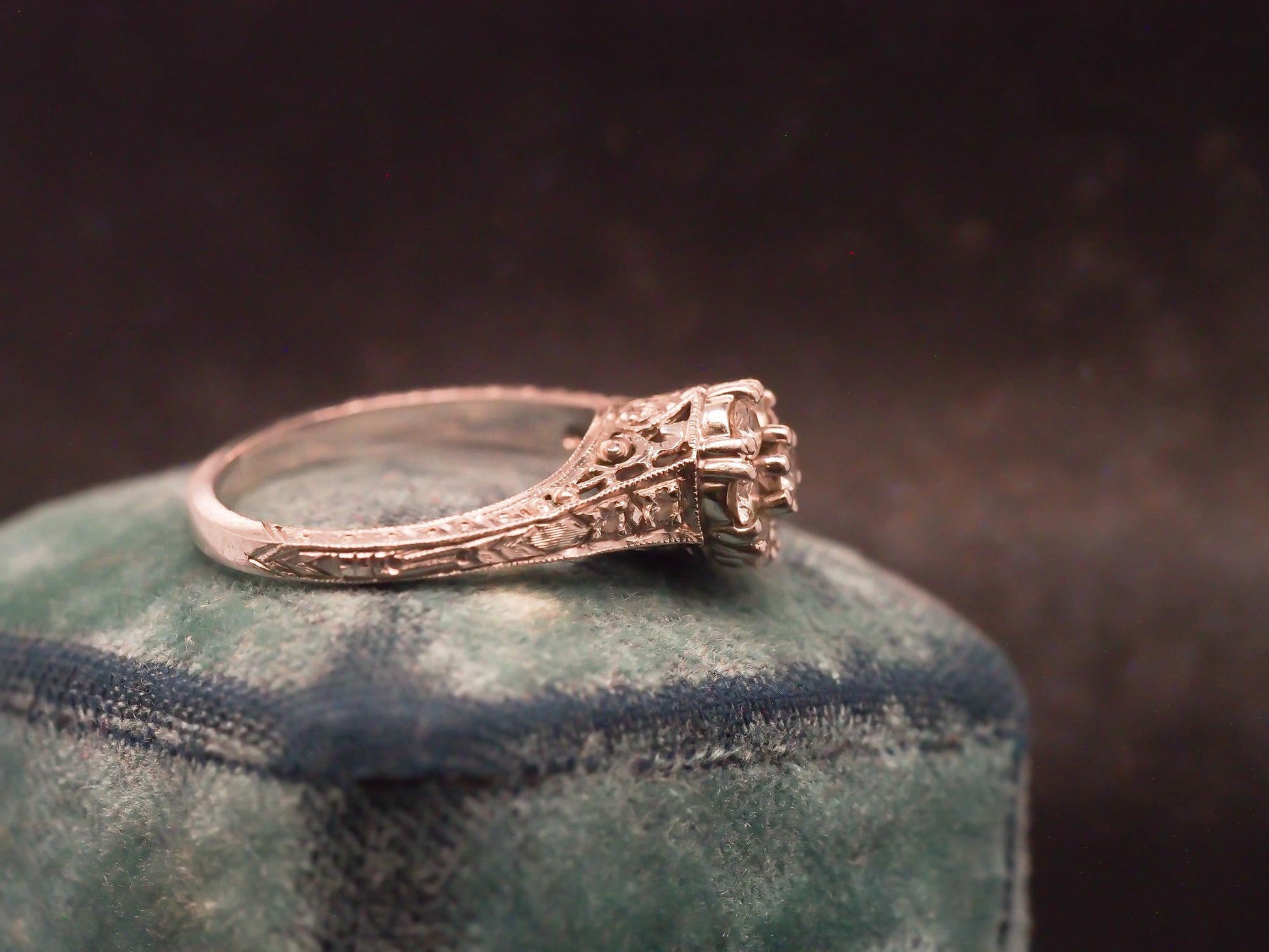 Estate Vintage Platinum Engraved Diamond Cluster Ring - VHK#451C