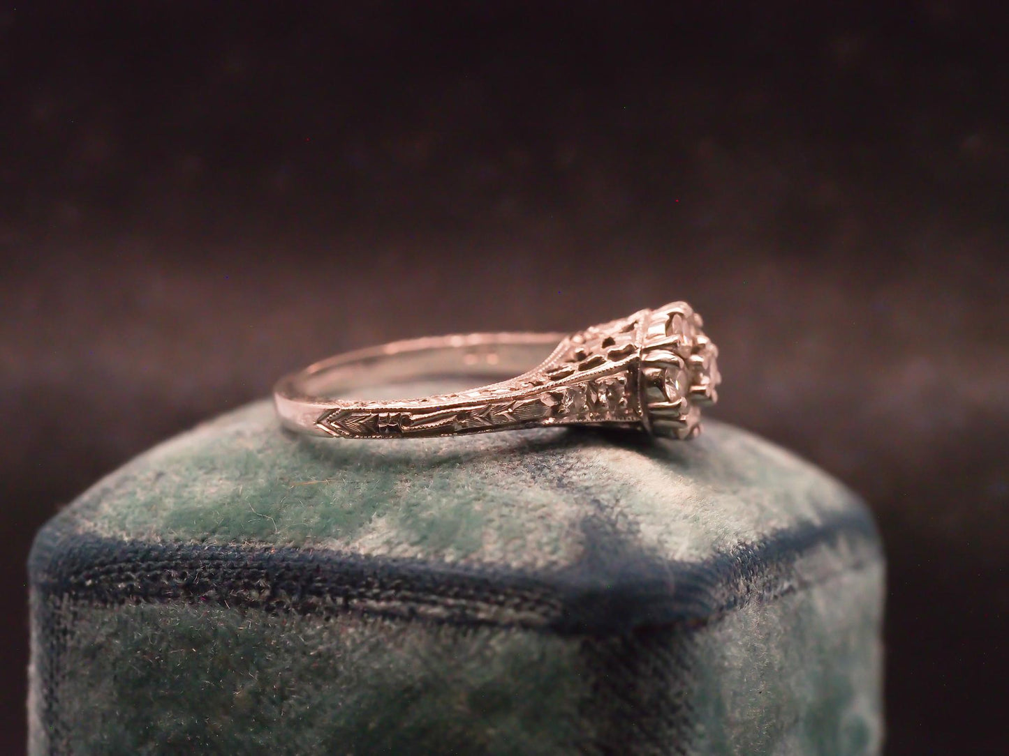 Estate Vintage Platinum Engraved Diamond Cluster Ring - VHK#451C