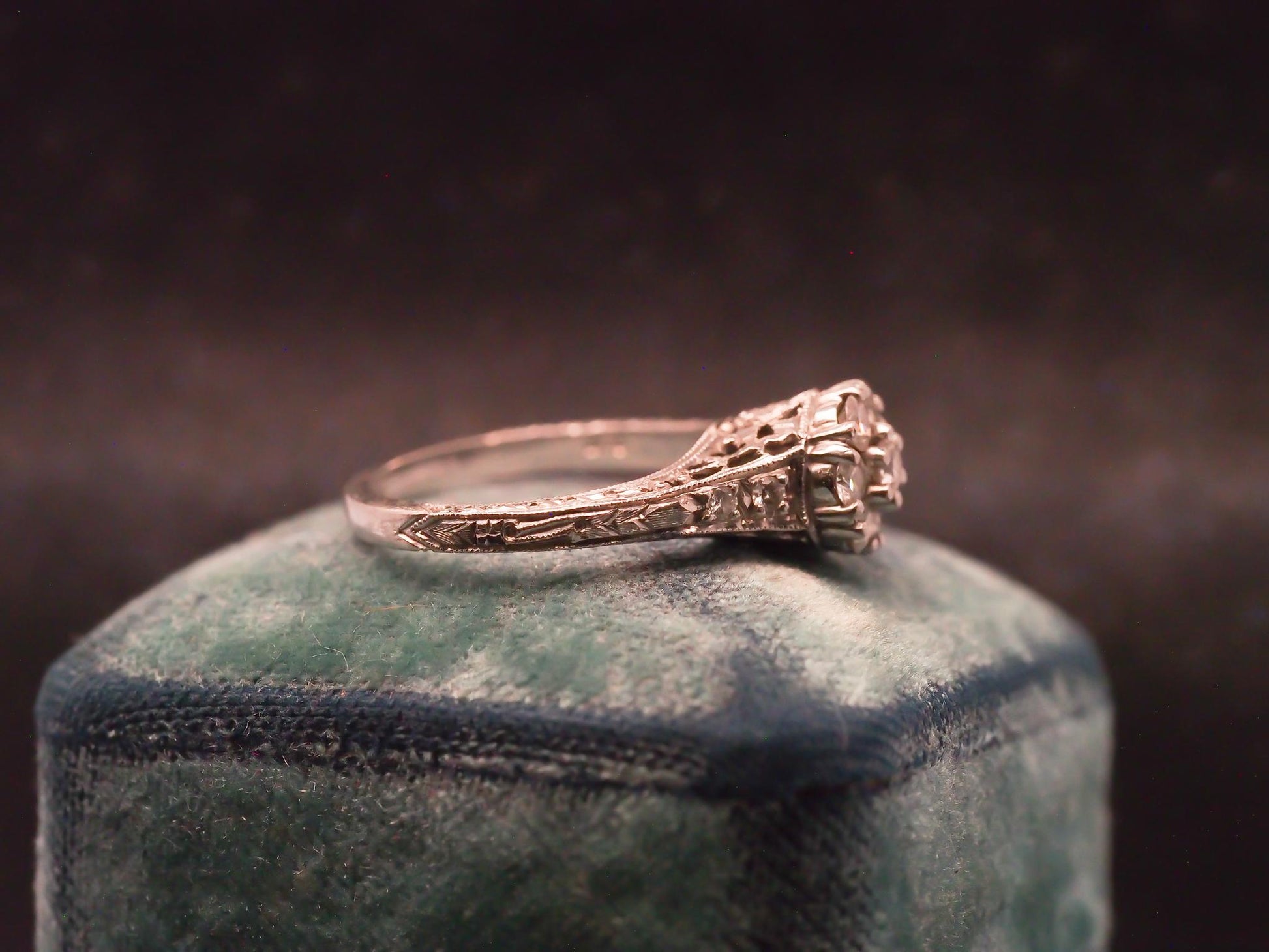 Estate Vintage Platinum Engraved Diamond Cluster Ring - VHK#451C