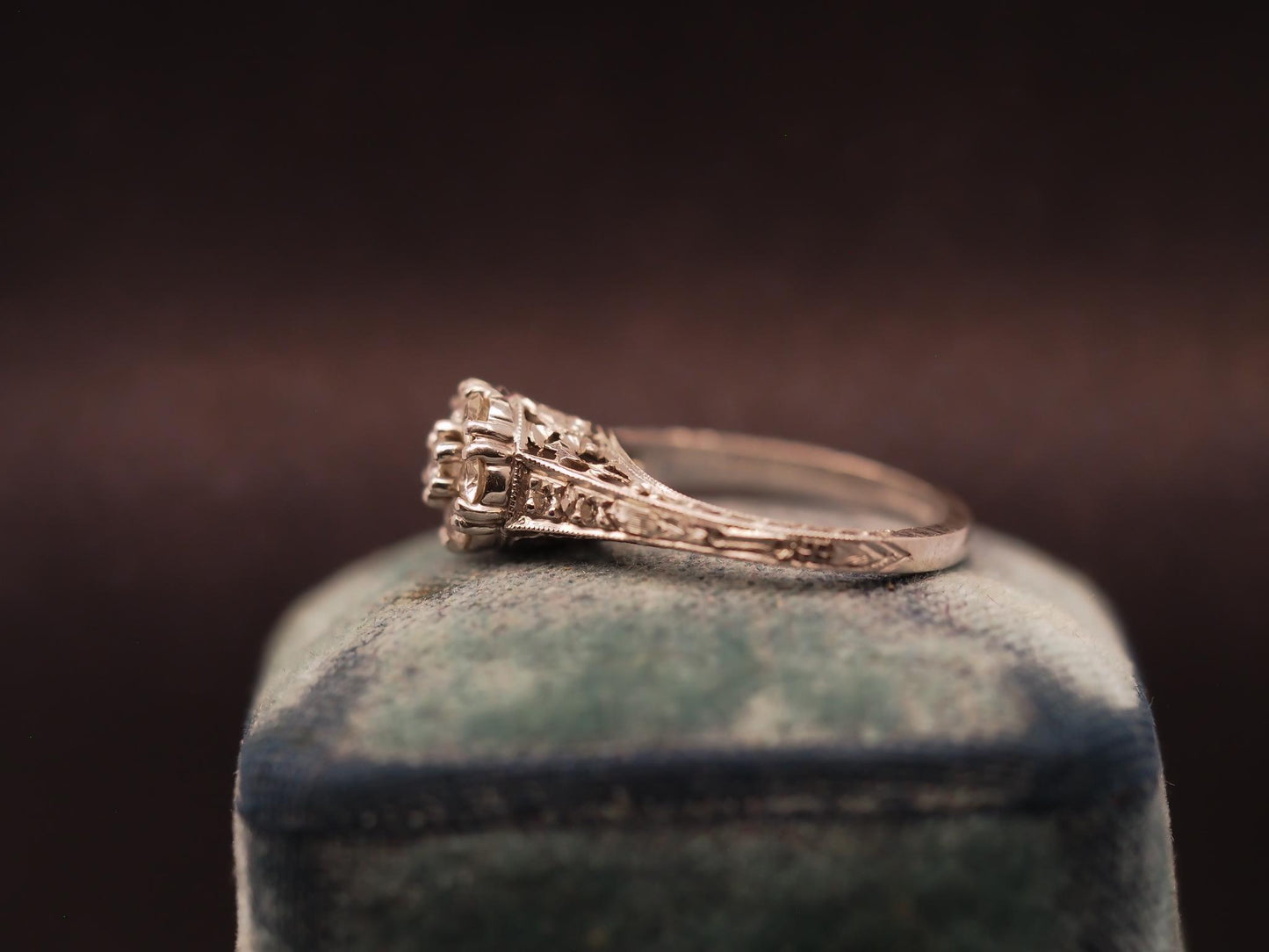Estate Vintage Platinum Engraved Diamond Cluster Ring - VHK#451C
