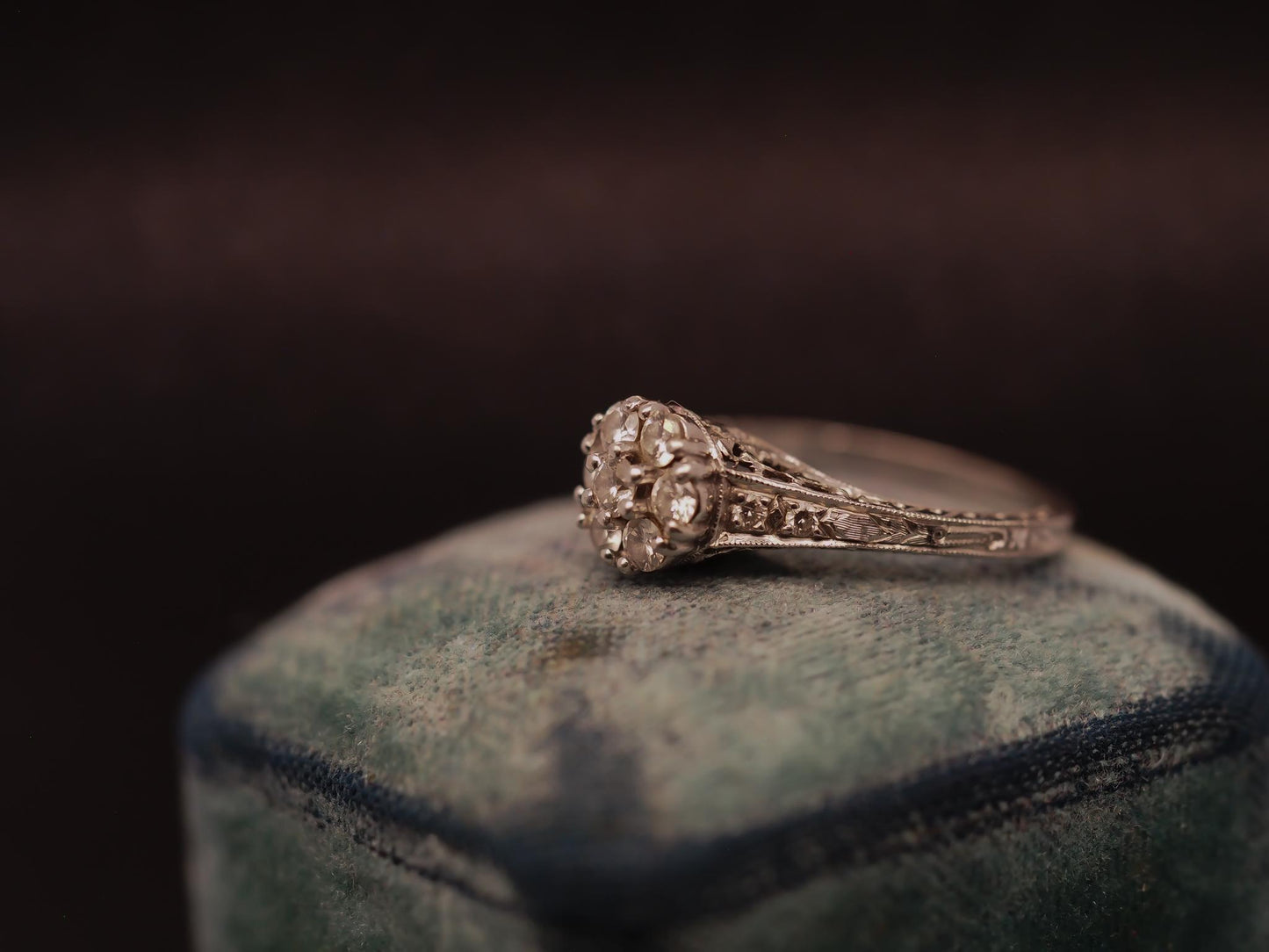 Estate Vintage Platinum Engraved Diamond Cluster Ring - VHK#451C