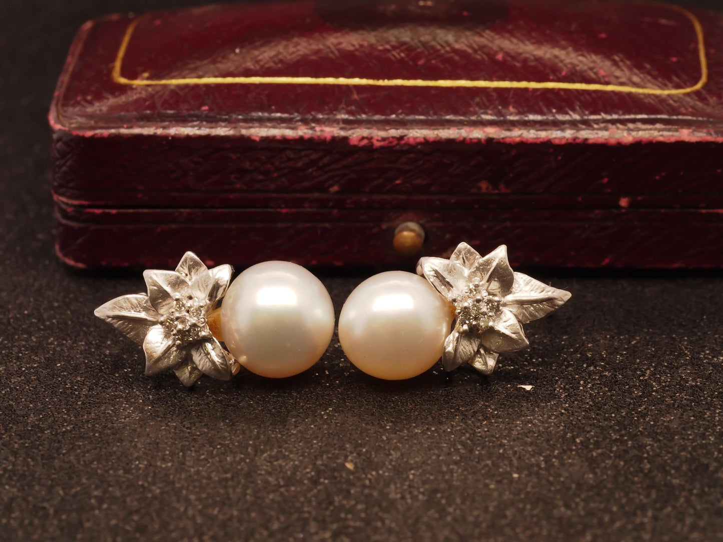 Estate Platinum Floral Pearl and Diamond Earrings - VHK#456A