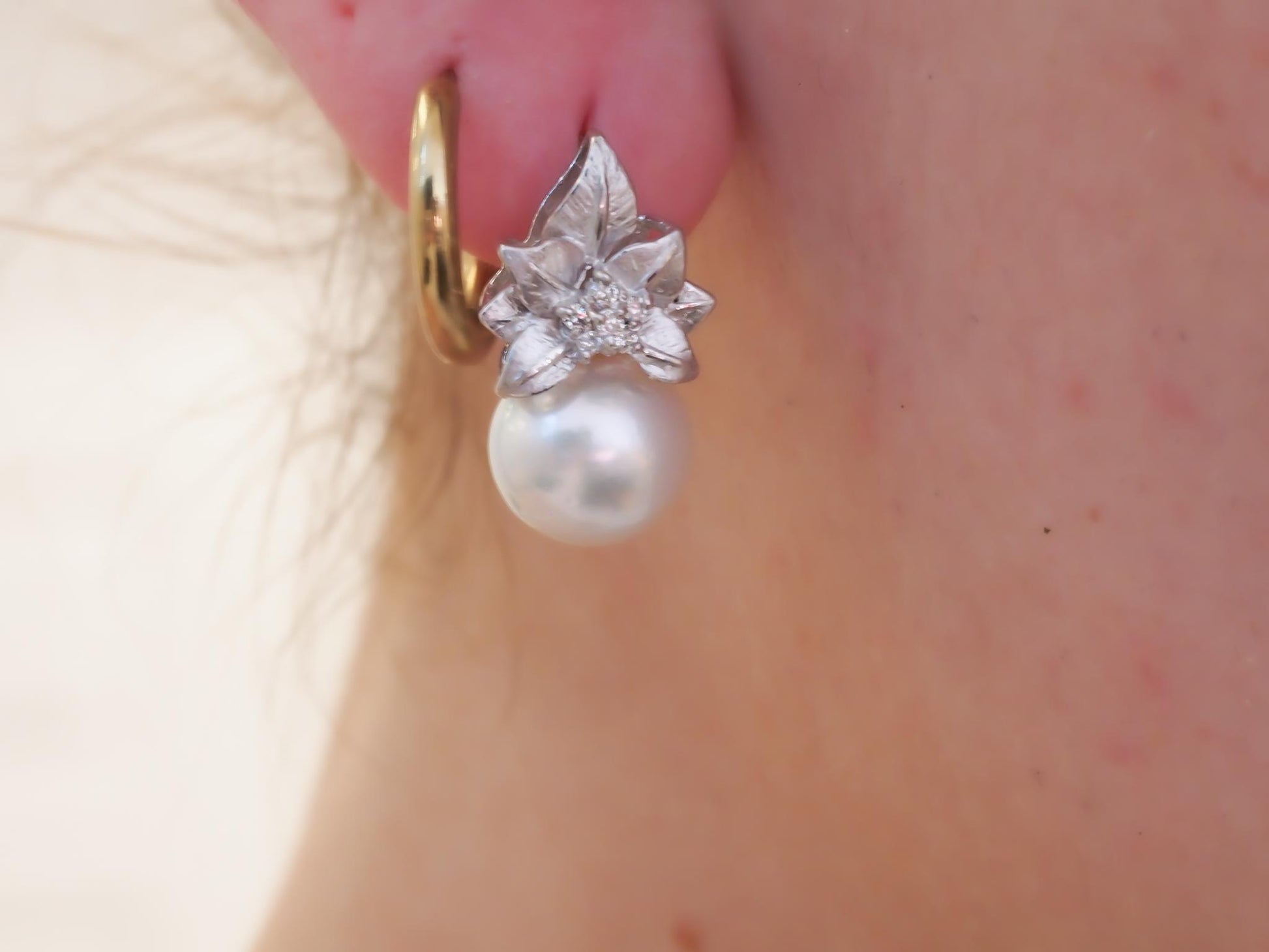 Estate Platinum Floral Pearl and Diamond Earrings - VHK#456A