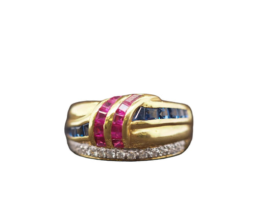 Estate 18K Yellow Gold Levian Ruby, Sapphire and Diamond Ring - VHK#449B