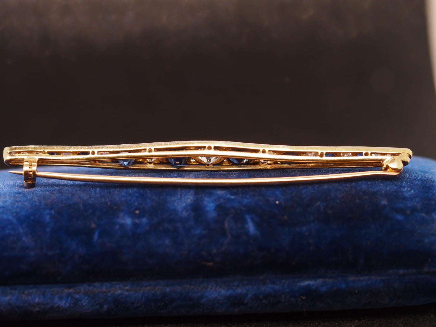 Estate 1900s 14K Yellow Gold Old Mine Diamond and Sapphire Brooch - VHK#455A