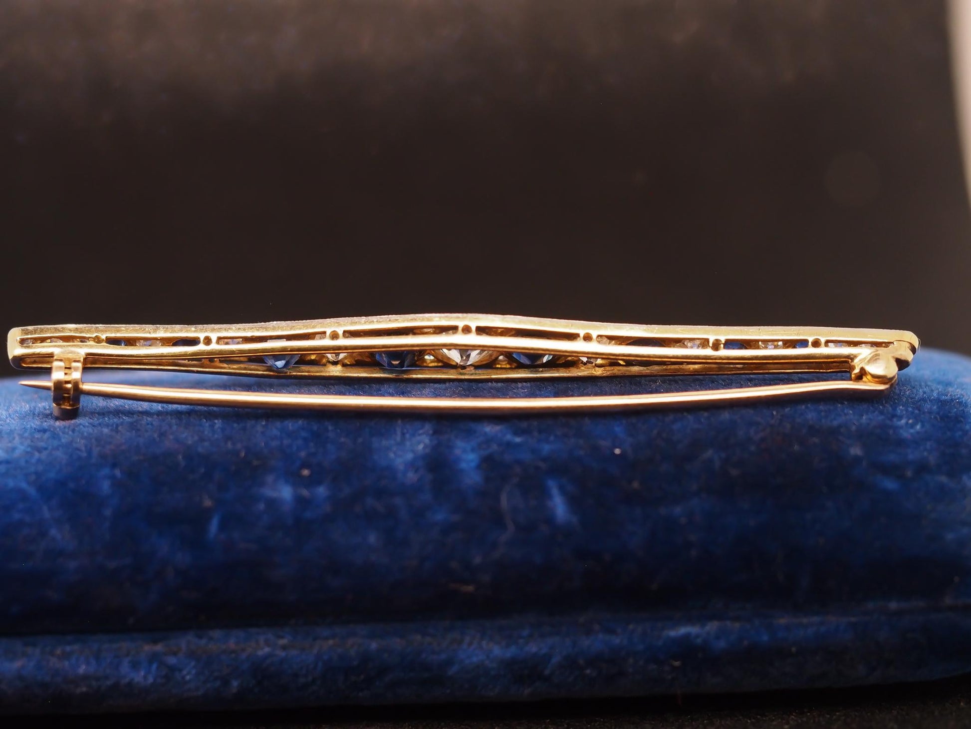 Estate 1900s 14K Yellow Gold Old Mine Diamond and Sapphire Brooch - VHK#455A