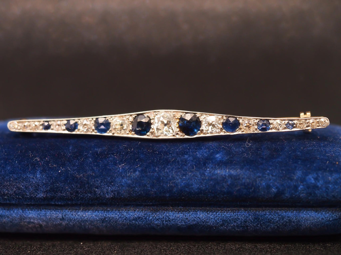 Estate 1900s 14K Yellow Gold Old Mine Diamond and Sapphire Brooch - VHK#455A