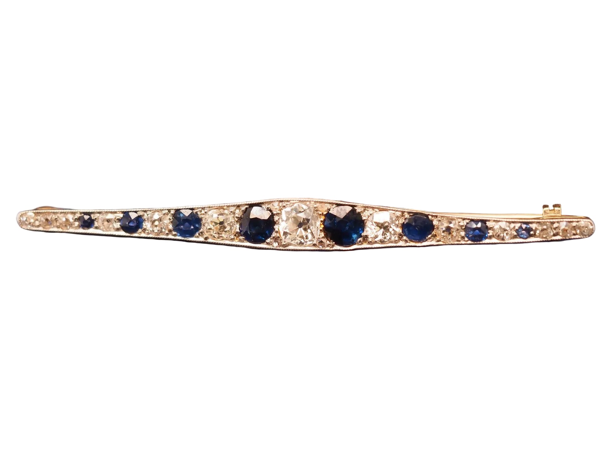Estate 1900s 14K Yellow Gold Old Mine Diamond and Sapphire Brooch - VHK#455A