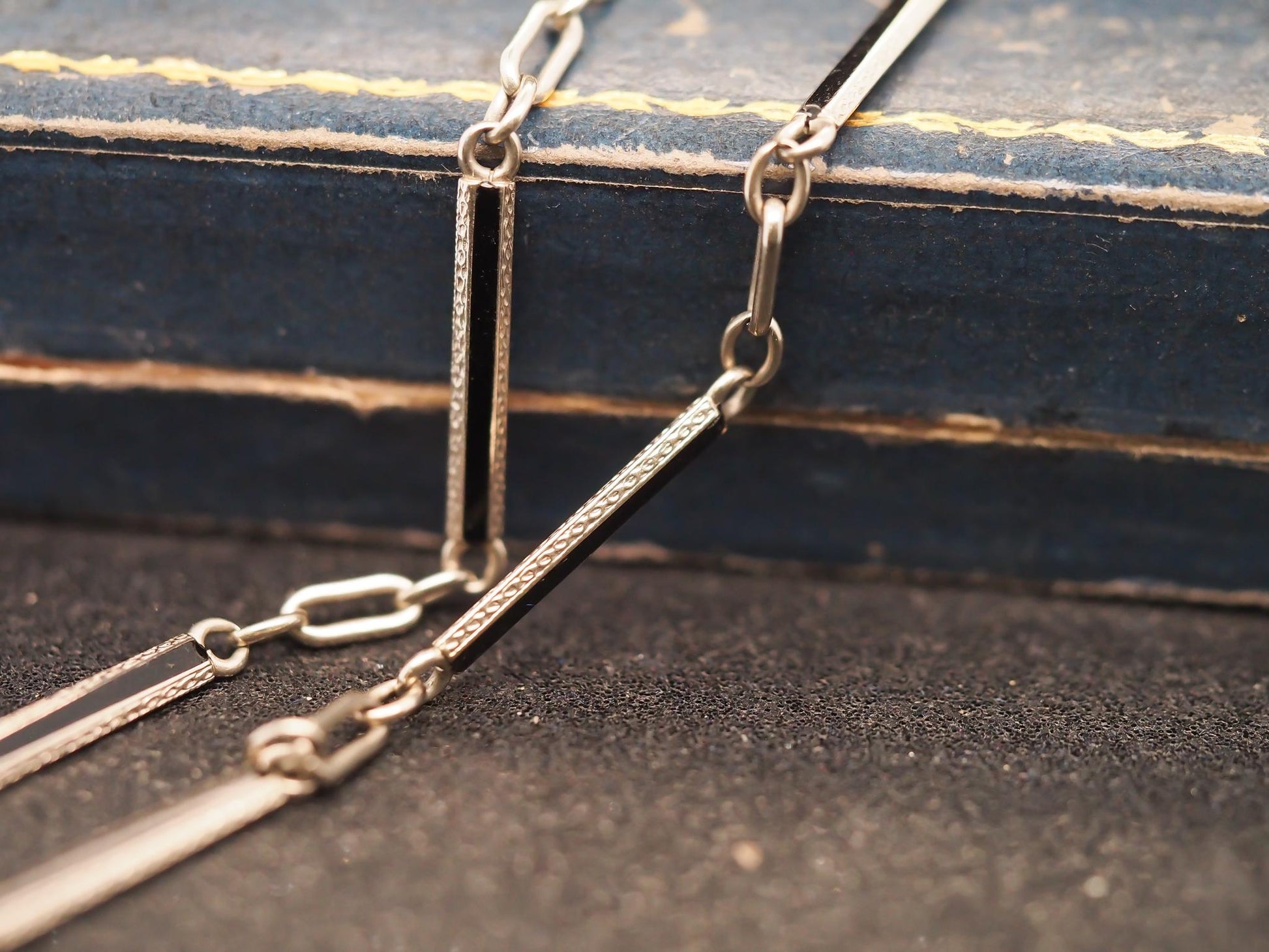 Estate Art Deco 14K White Gold and Enamel, Hand Engraved Chain - VHK#364A