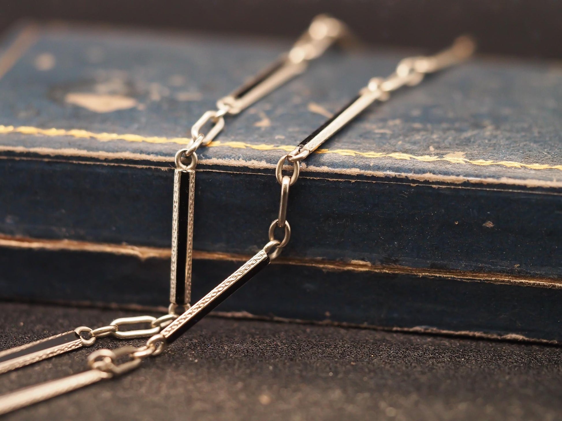 Estate Art Deco 14K White Gold and Enamel, Hand Engraved Chain - VHK#364A