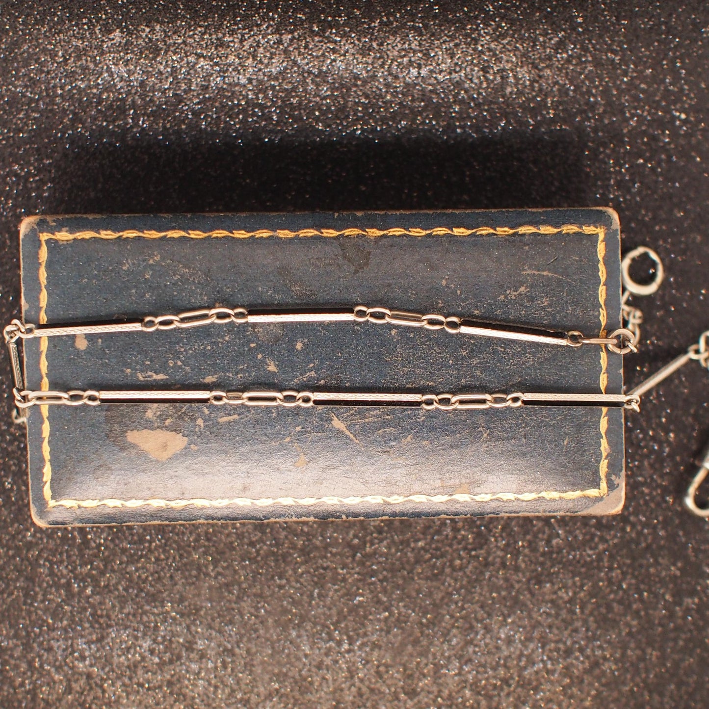 Estate Art Deco 14K White Gold and Enamel, Hand Engraved Chain - VHK#364A