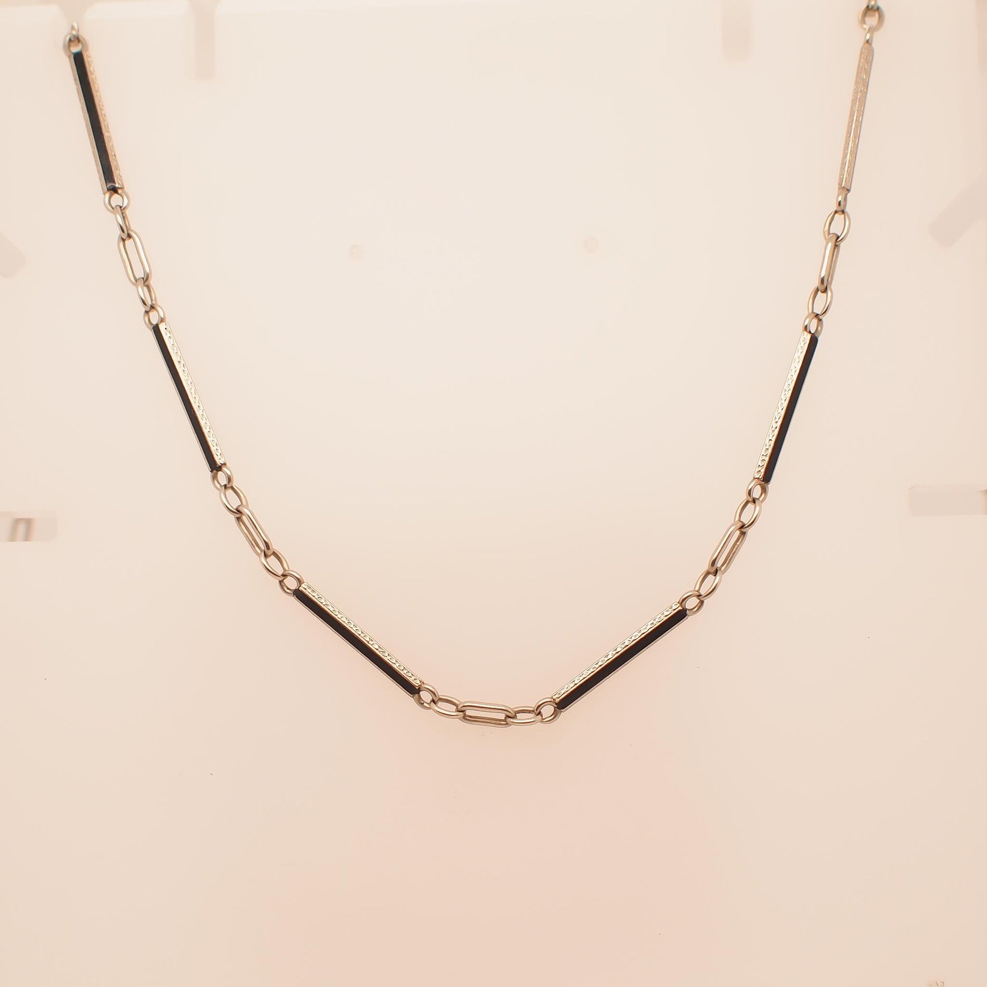 Estate Art Deco 14K White Gold and Enamel, Hand Engraved Chain - VHK#364A