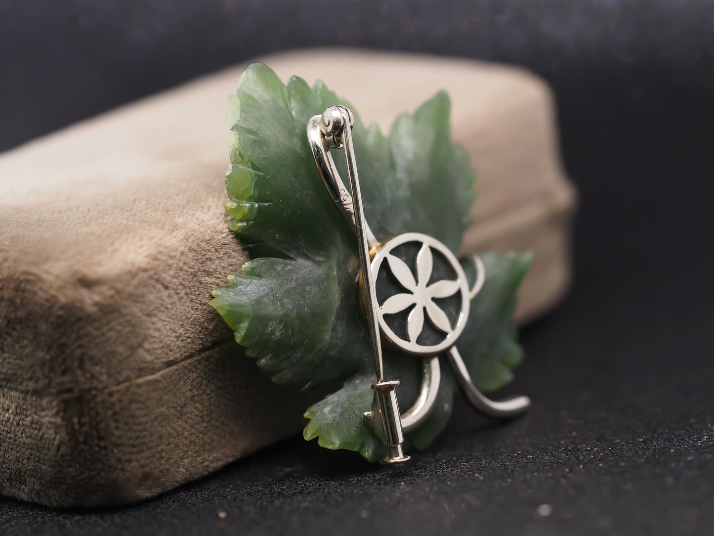 Estate 18K White Gold Jade Leaf Brooch with Diamond - VHK#524a