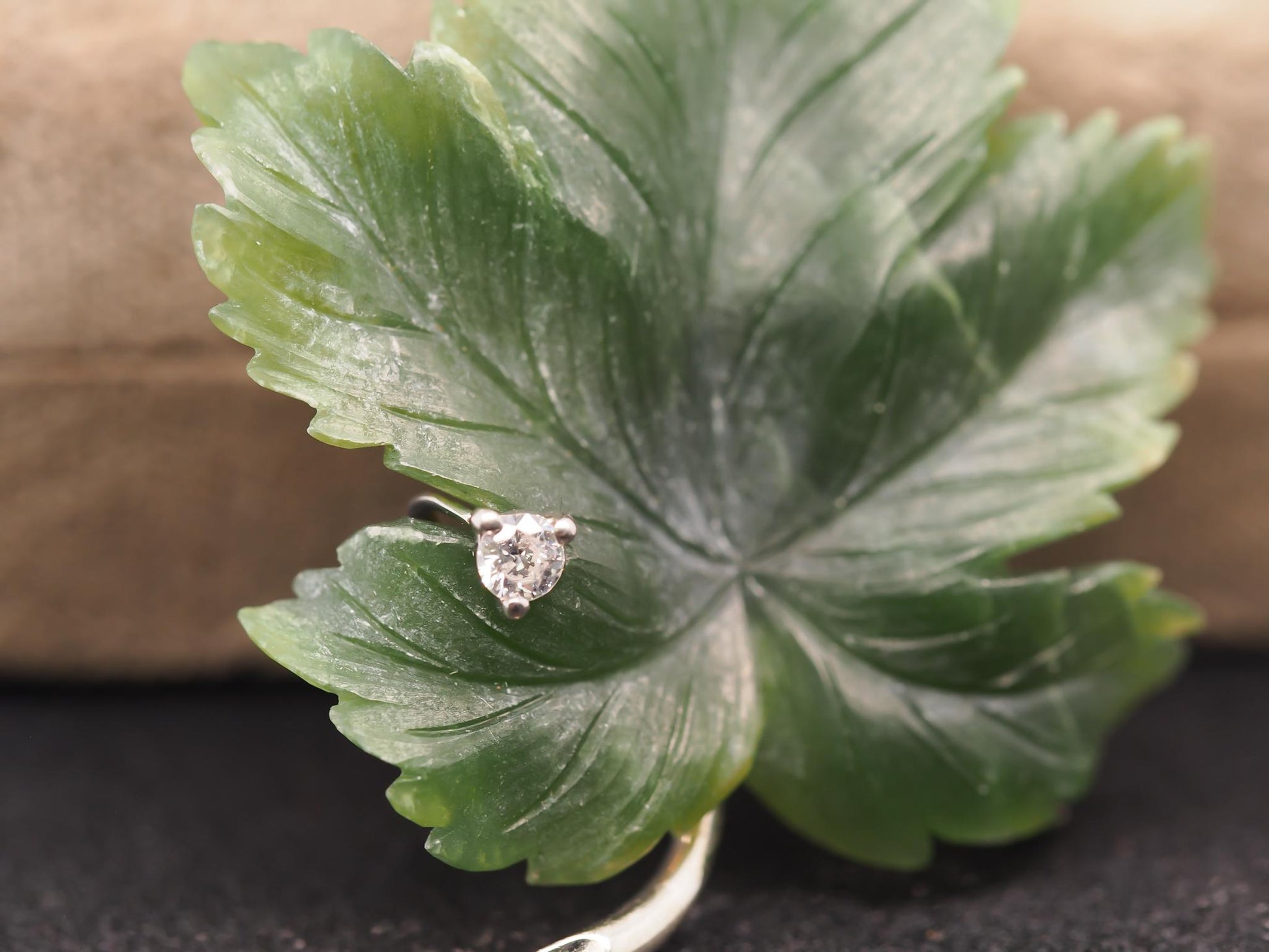 Estate 18K White Gold Jade Leaf Brooch with Diamond - VHK#524a