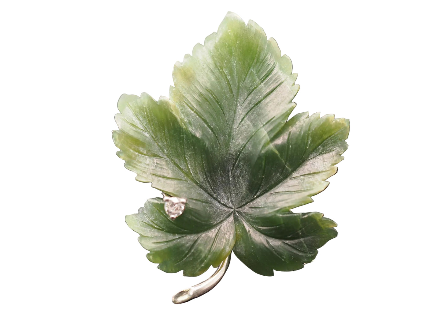 Estate 18K White Gold Jade Leaf Brooch with Diamond - VHK#524a