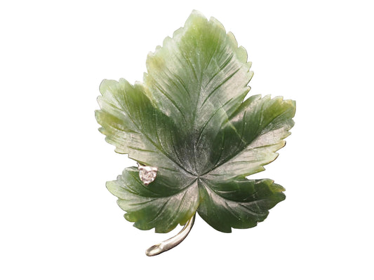 Estate 18K White Gold Jade Leaf Brooch with Diamond - VHK#524a