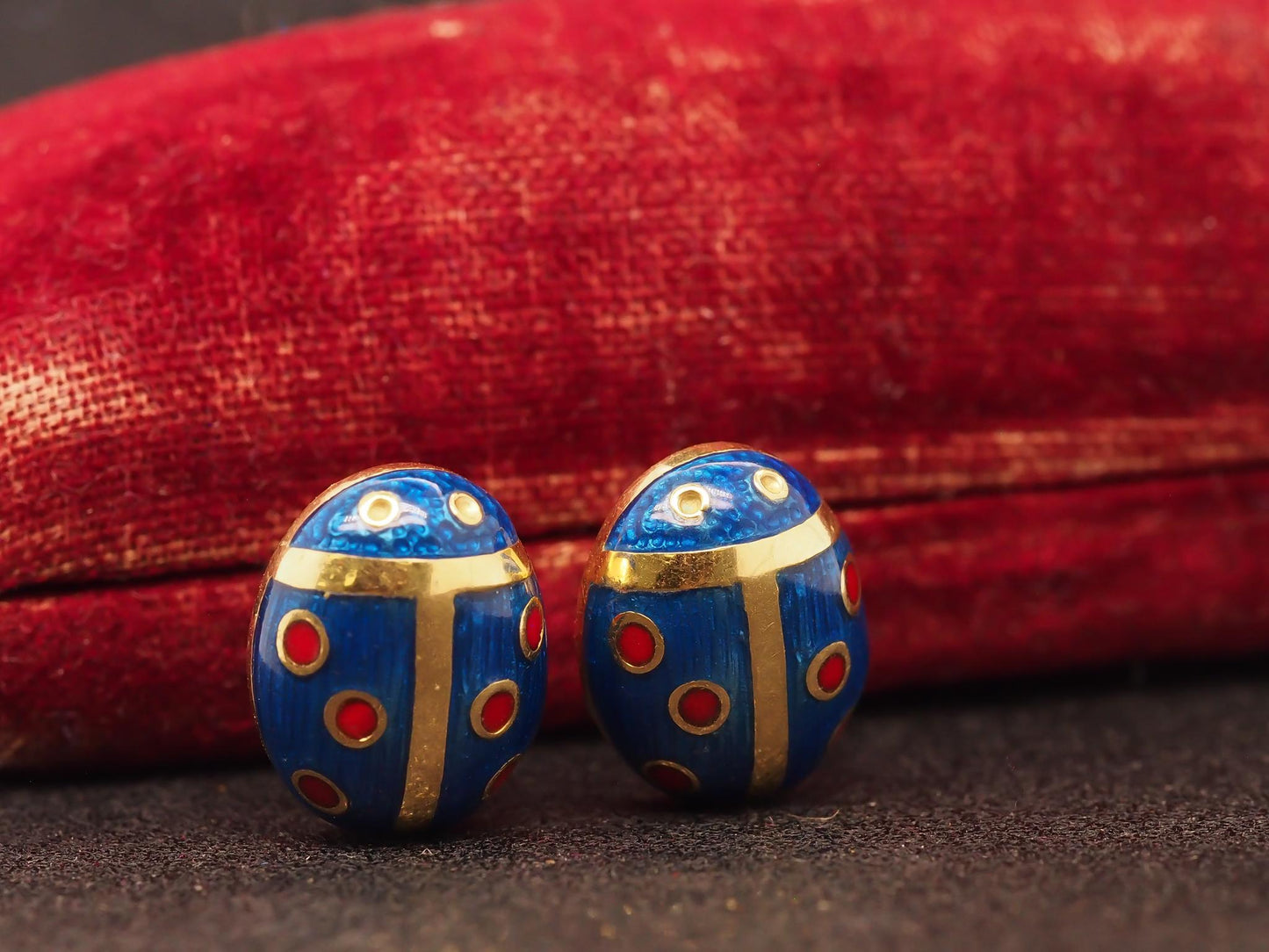 Estate Vintage 18K Yellow Gold Enamel Lady Bug Earrings - VHK#557A