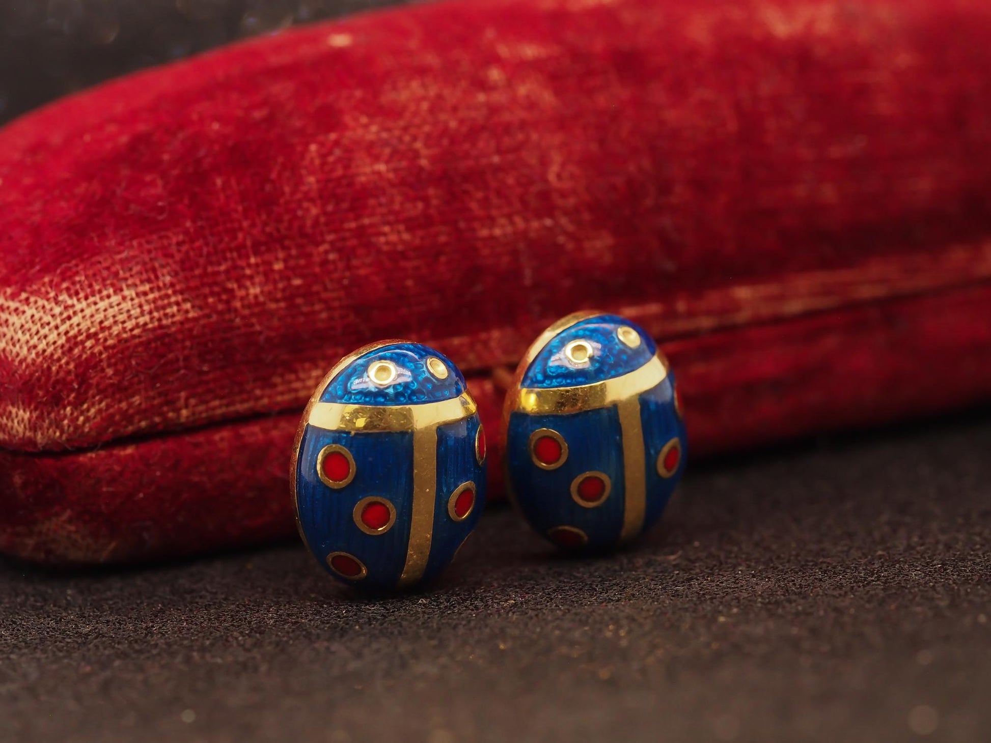 Estate Vintage 18K Yellow Gold Enamel Lady Bug Earrings - VHK#557A