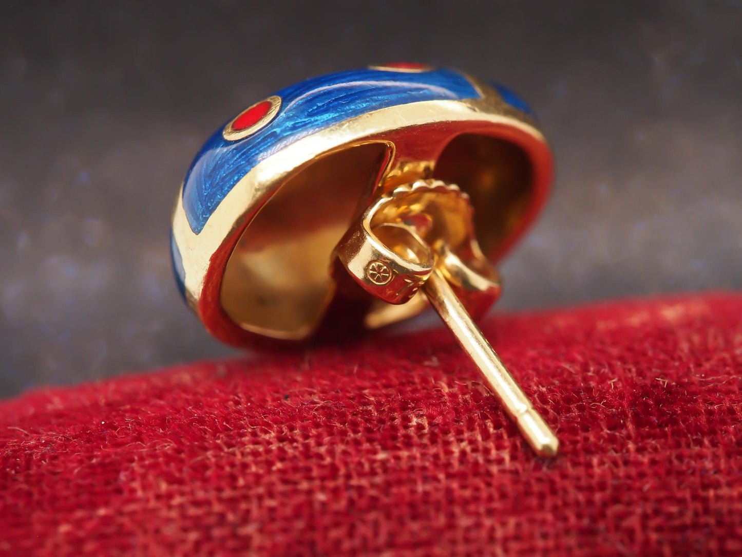 Estate Vintage 18K Yellow Gold Enamel Lady Bug Earrings - VHK#557A