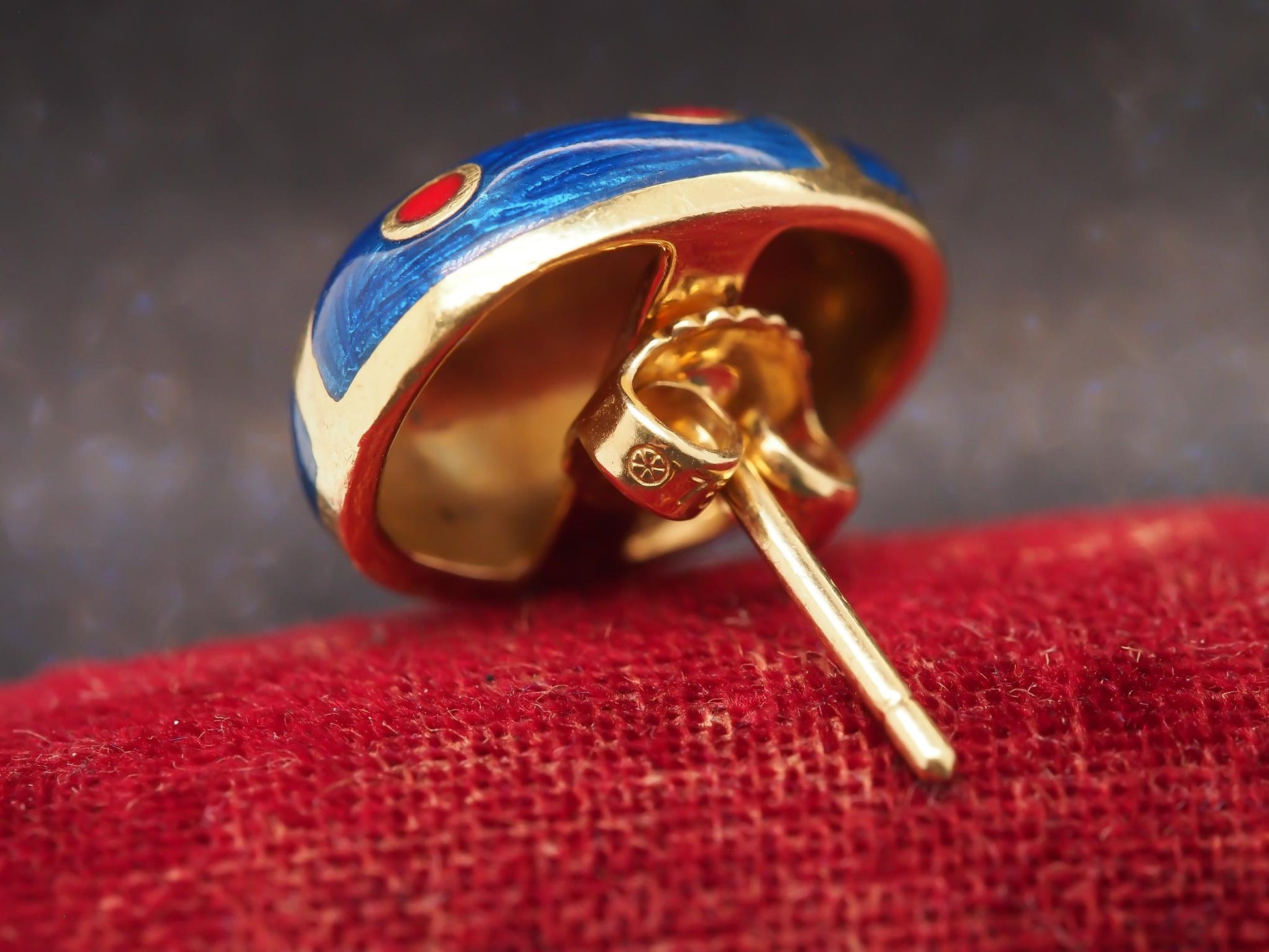Estate Vintage 18K Yellow Gold Enamel Lady Bug Earrings - VHK#557A