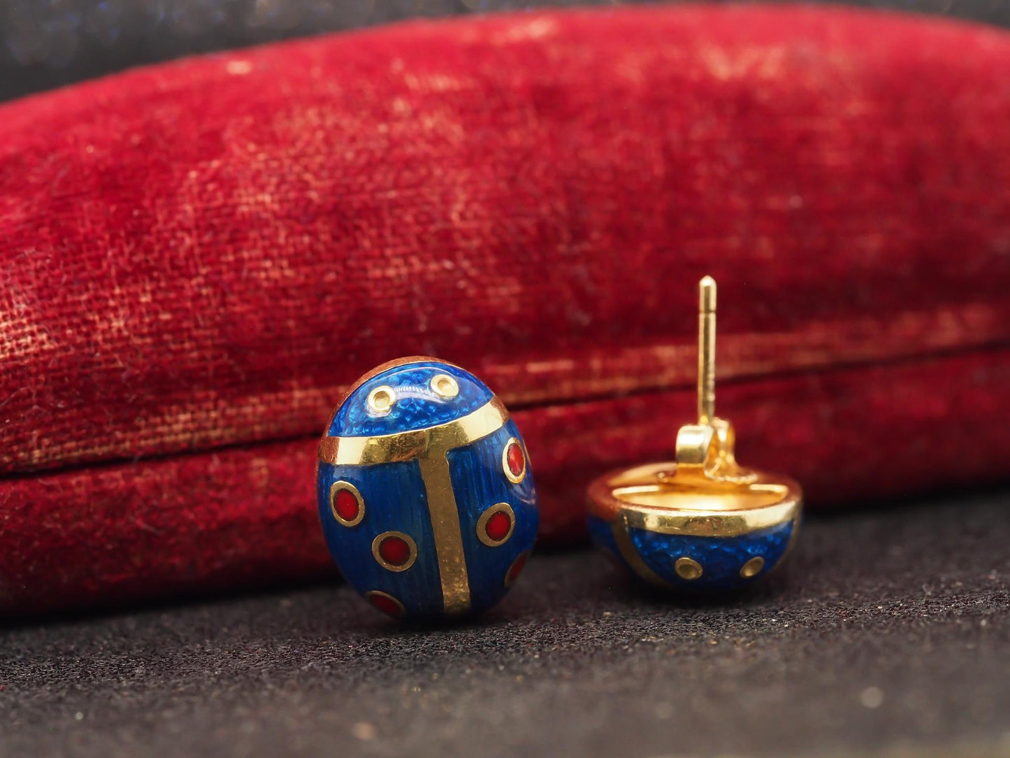 Estate Vintage 18K Yellow Gold Enamel Lady Bug Earrings - VHK#557A