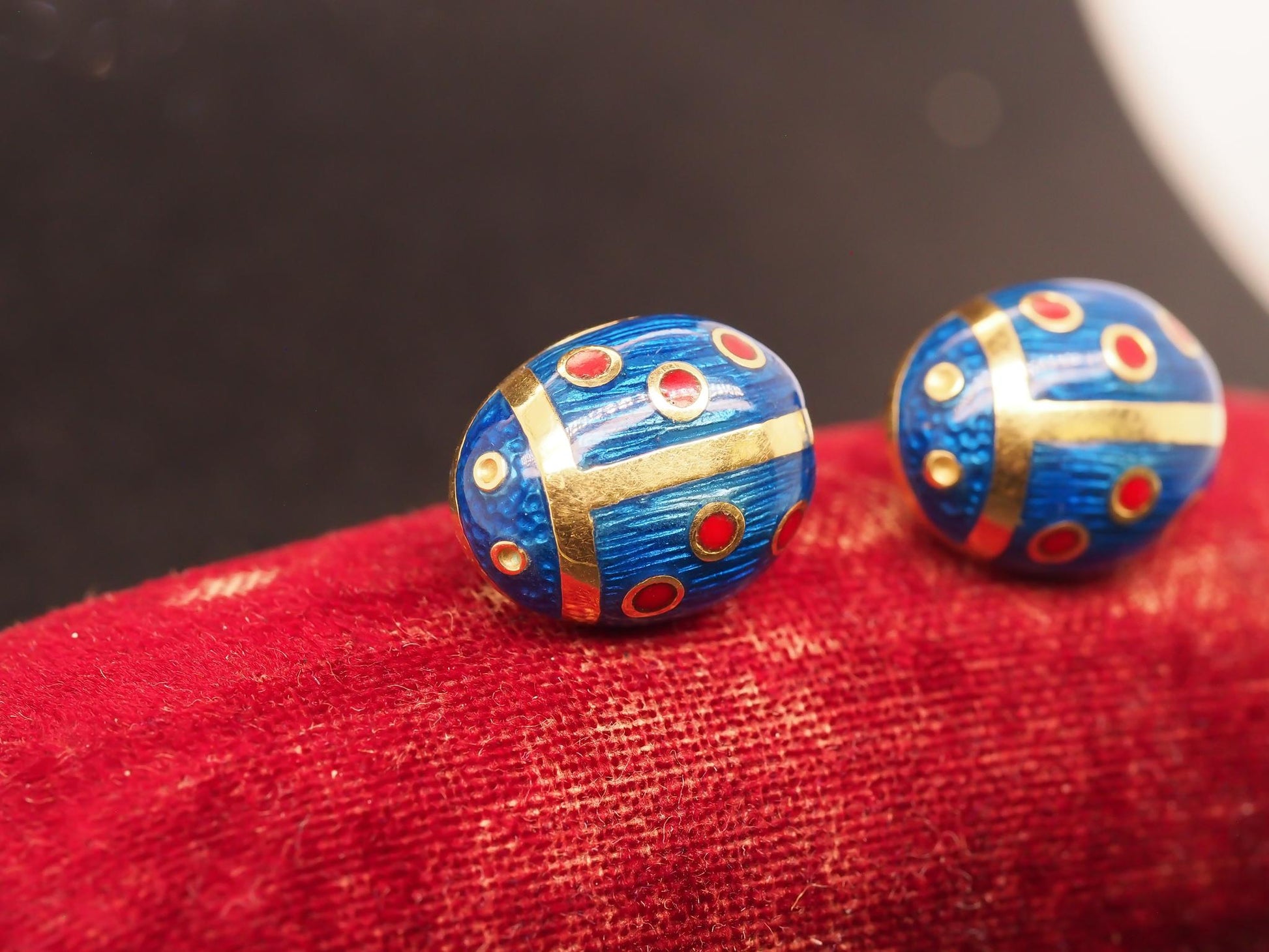 Estate Vintage 18K Yellow Gold Enamel Lady Bug Earrings - VHK#557A