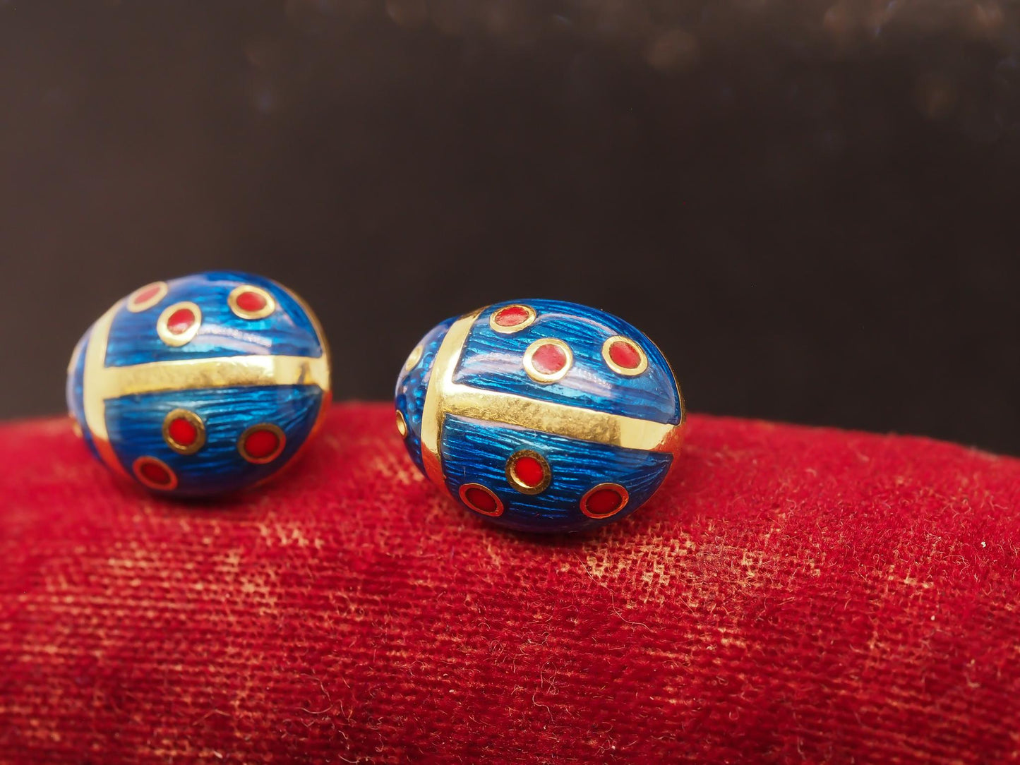 Estate Vintage 18K Yellow Gold Enamel Lady Bug Earrings - VHK#557A