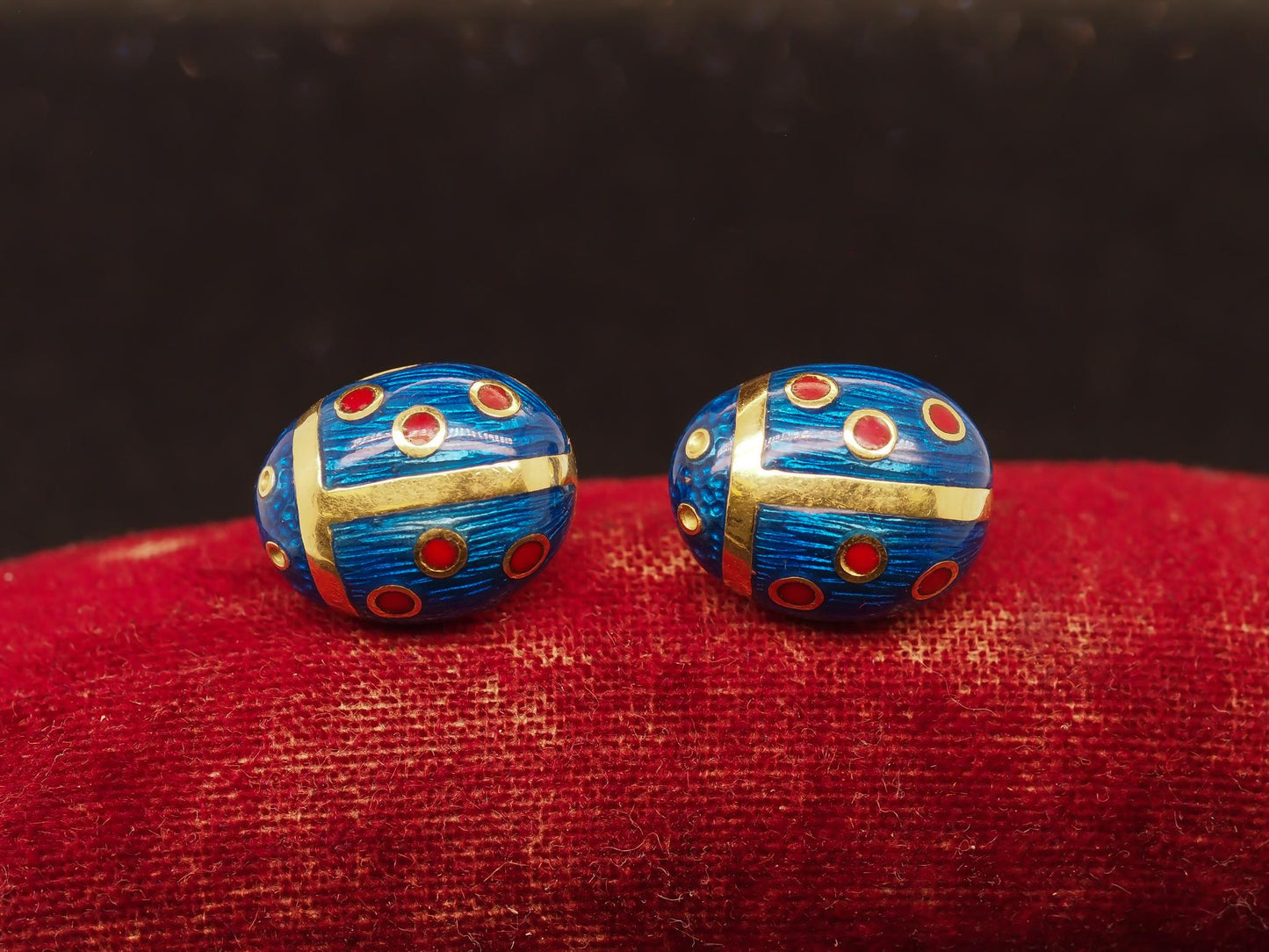 Estate Vintage 18K Yellow Gold Enamel Lady Bug Earrings - VHK#557A