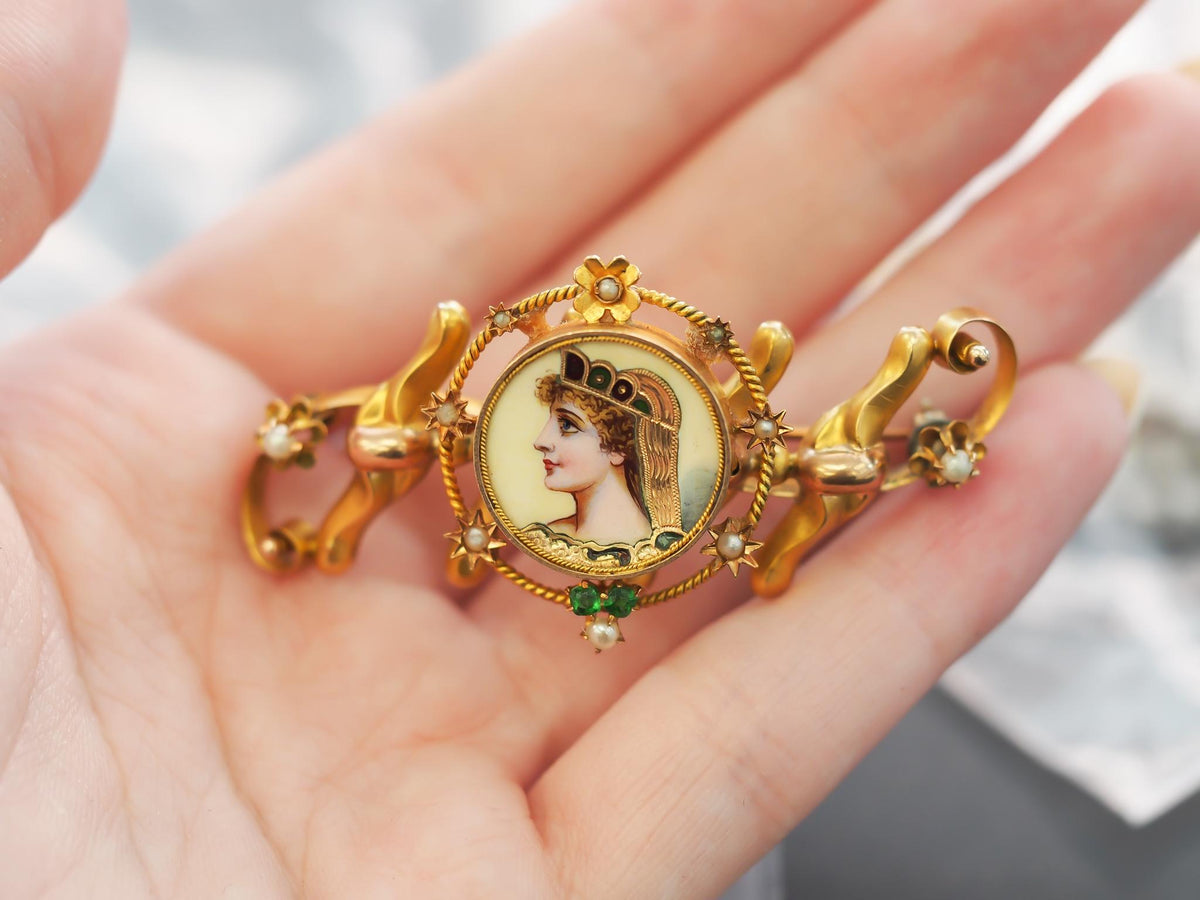 Estate 1900s 14K Yellow Gold Brooch with Painted Woman - VHK#464b