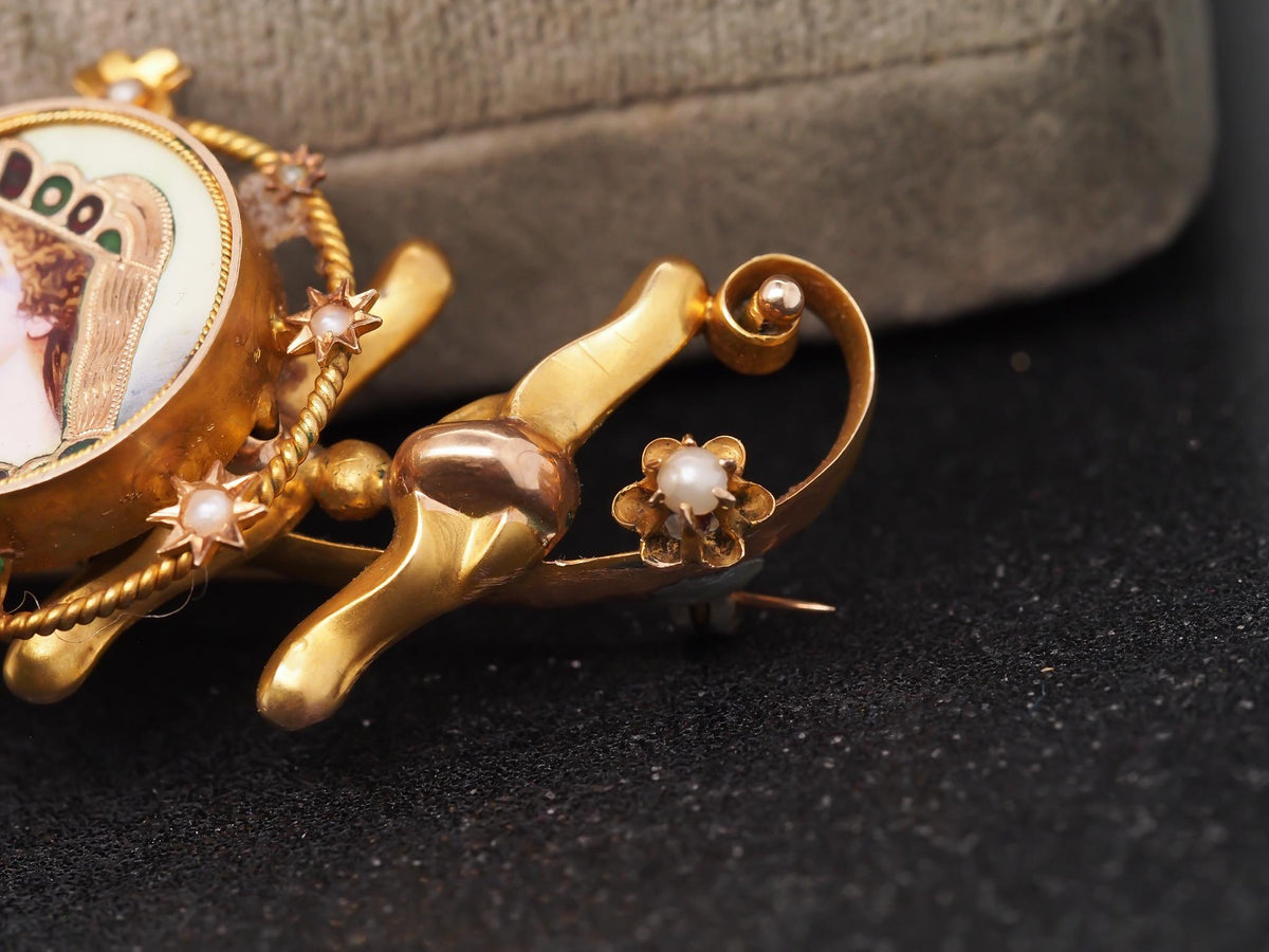 Estate 1900s 14K Yellow Gold Brooch with Painted Woman - VHK#464b