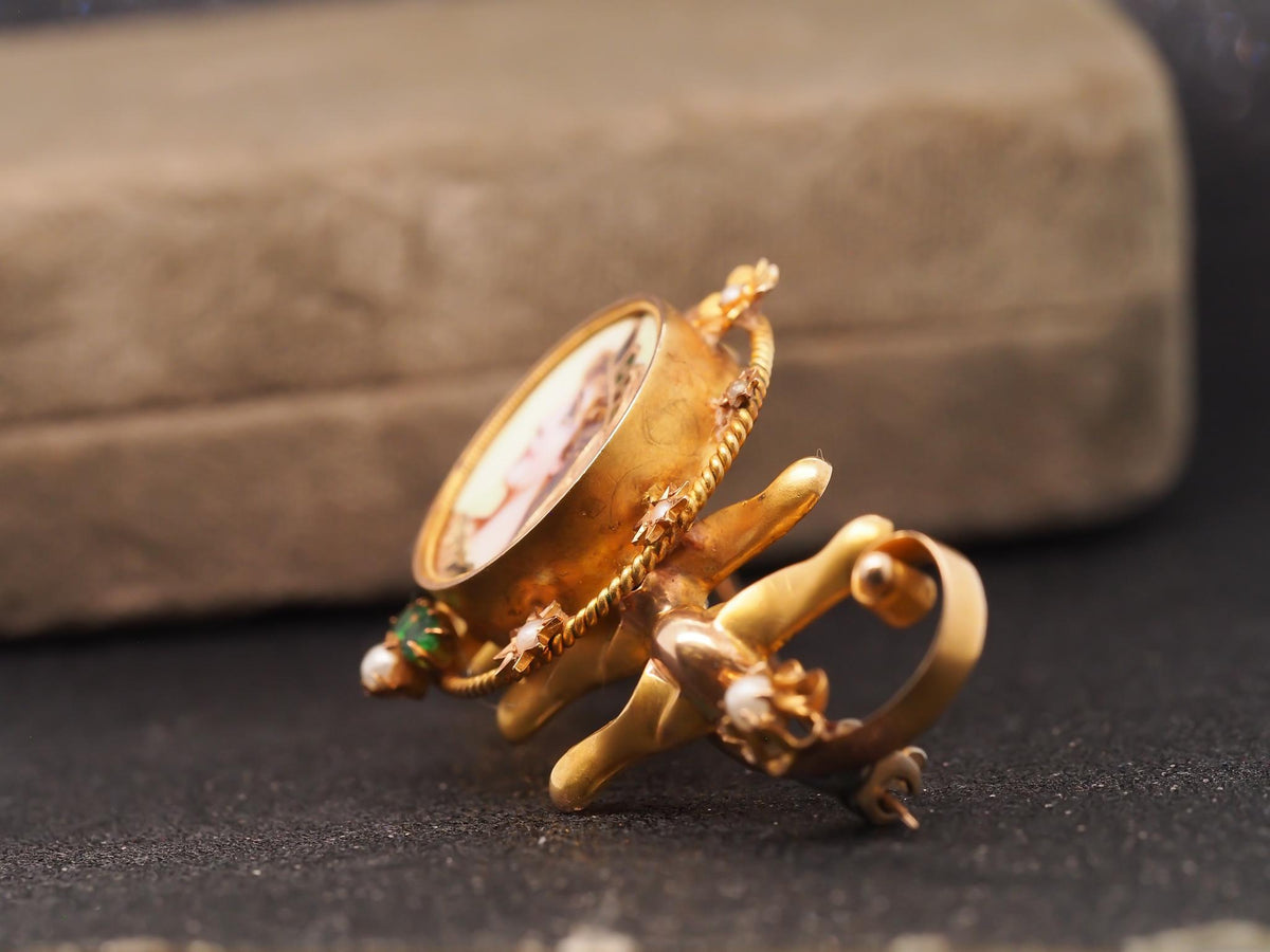 Estate 1900s 14K Yellow Gold Brooch with Painted Woman - VHK#464b