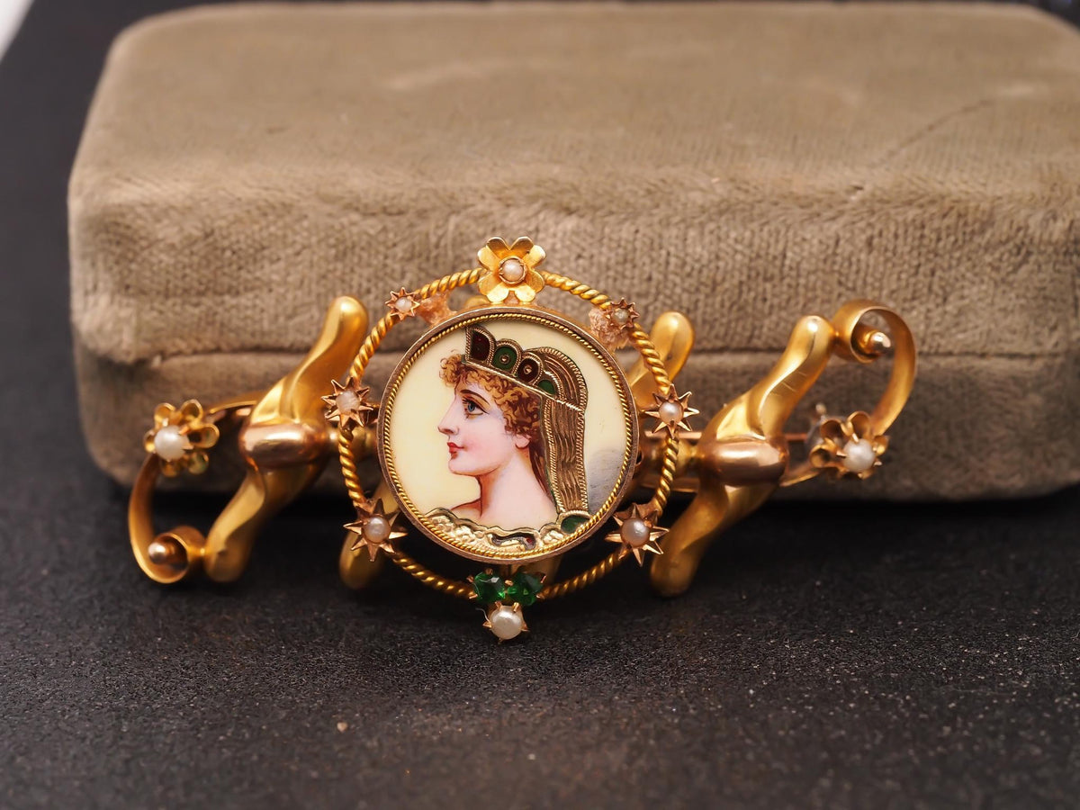 Estate 1900s 14K Yellow Gold Brooch with Painted Woman - VHK#464b