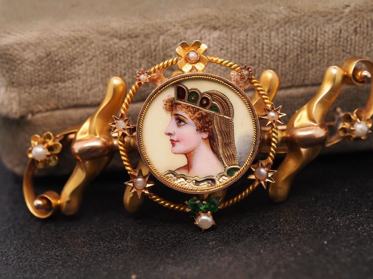 Estate 1900s 14K Yellow Gold Brooch with Painted Woman - VHK#464b