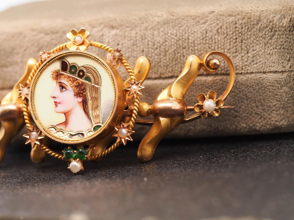 Estate 1900s 14K Yellow Gold Brooch with Painted Woman - VHK#464b